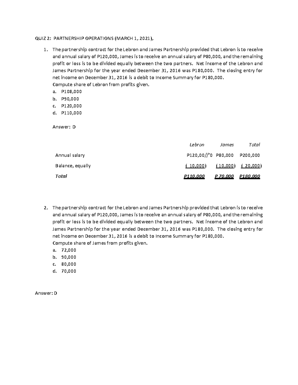 QUIZ 2: Partnership Operations Solutions and Calculations - Studocu