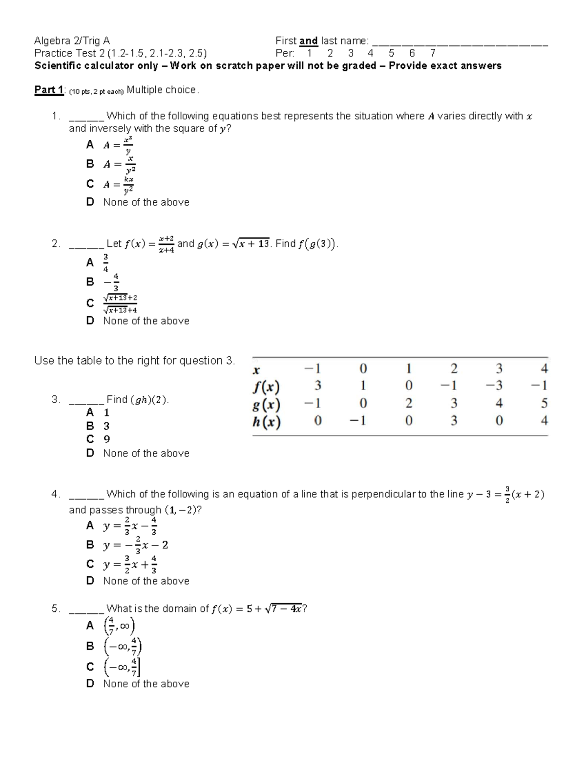 Algebra 2/Trig A Practice Test 2 (1.2-1.5, 2.1-2.3, 2.5) - Studocu