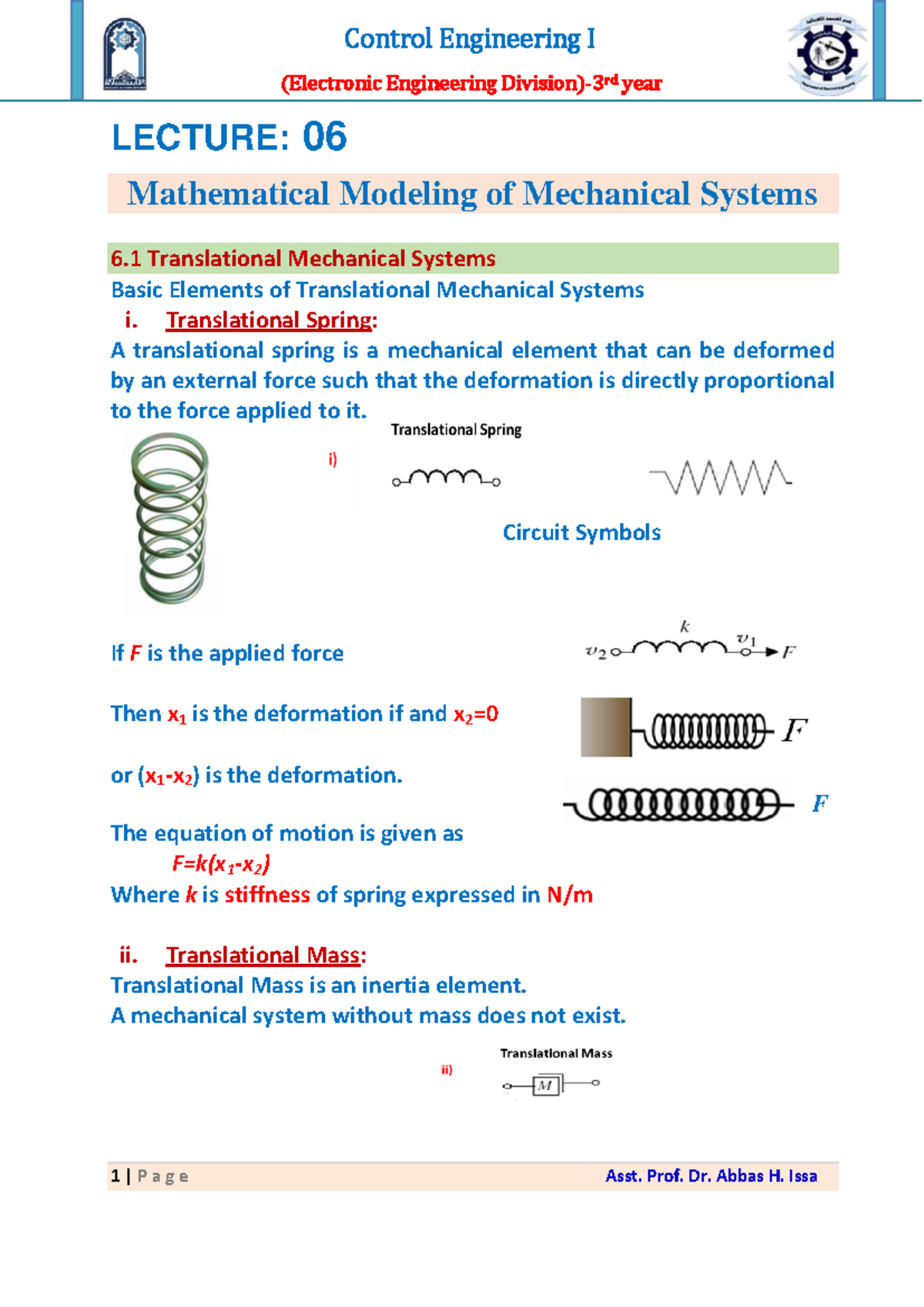 Control Engineering I LECTURE 06: Mathematical Modeling of Mechanical ...