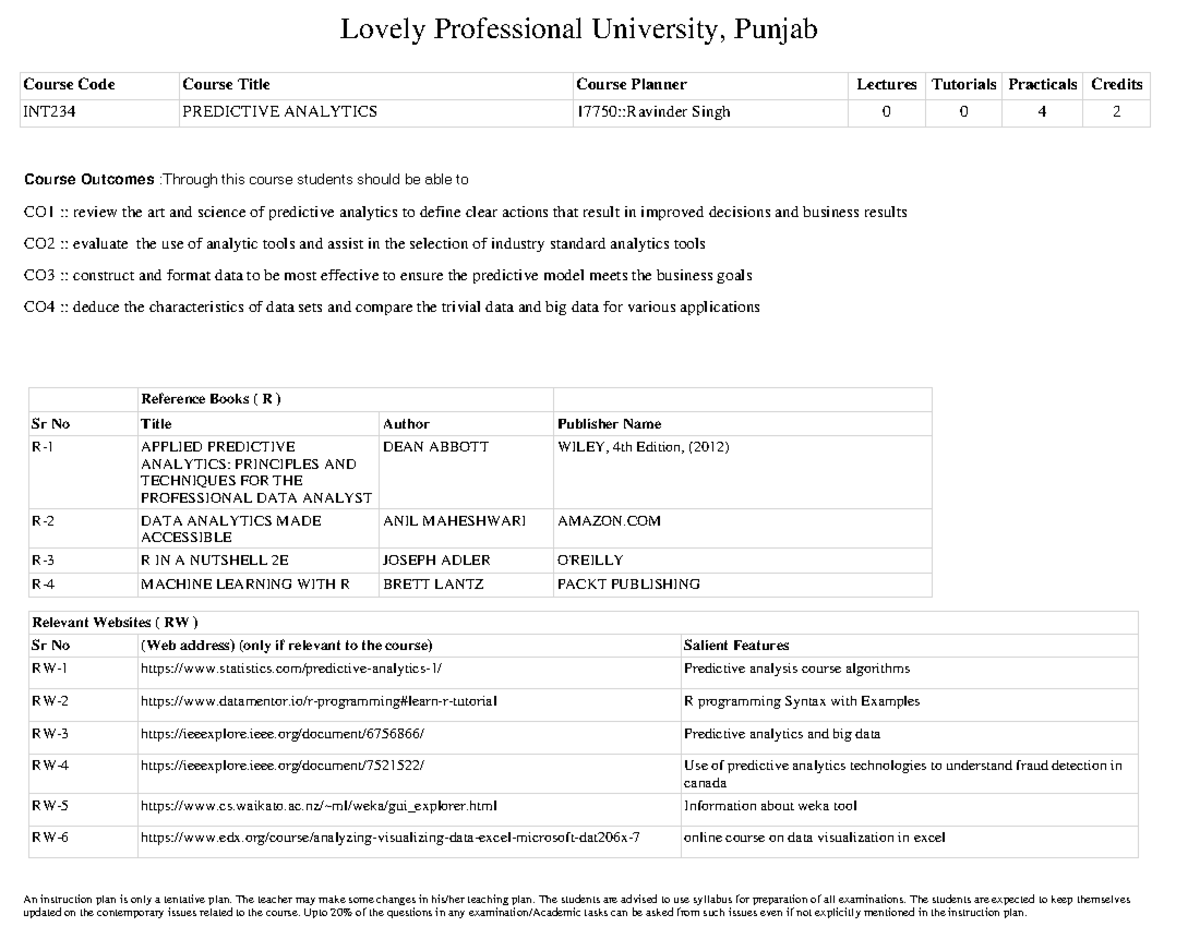 INT234 Predictive Analytics Course Overview and Practical Guidelines ...