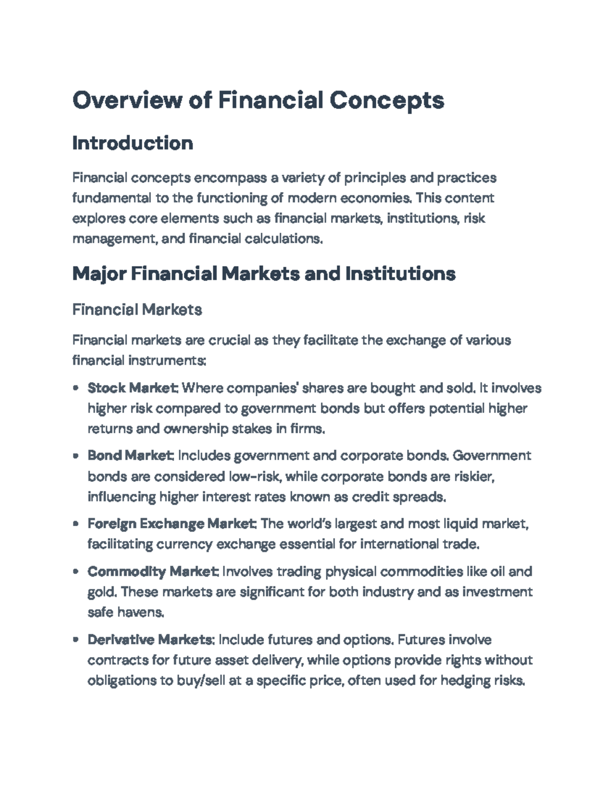 Overview of Financial Markets and Key Concepts in Finance - Overview of ...