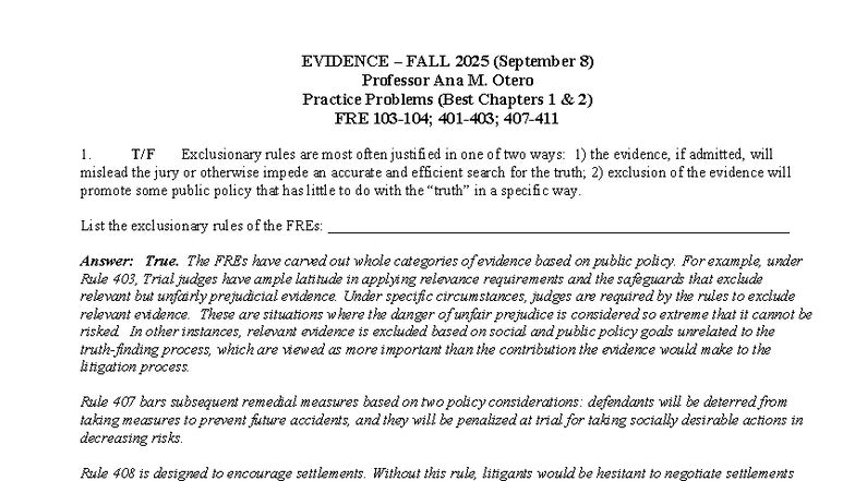 Practice Problems for EVIDENCE FRE 1 - Fall 2025 (Chapters 1 & 2) - Studocu