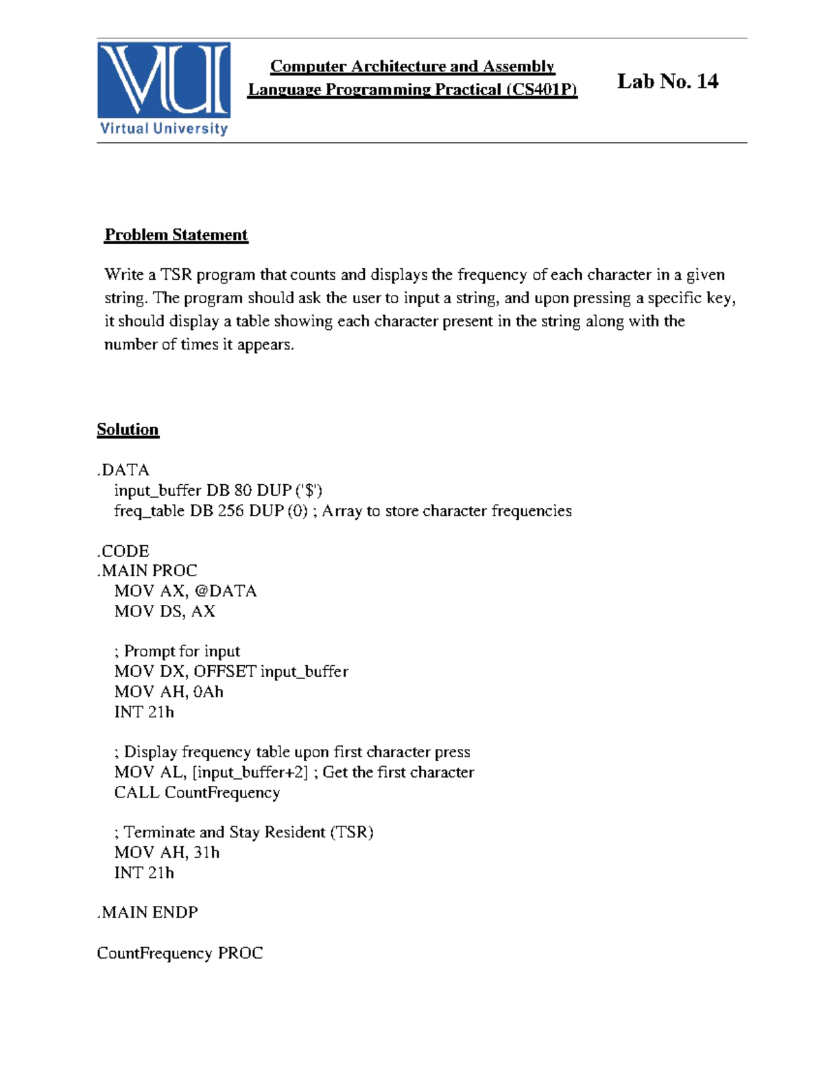 CS401P Lab 14: TSR Program for Character Frequency Count - Studocu
