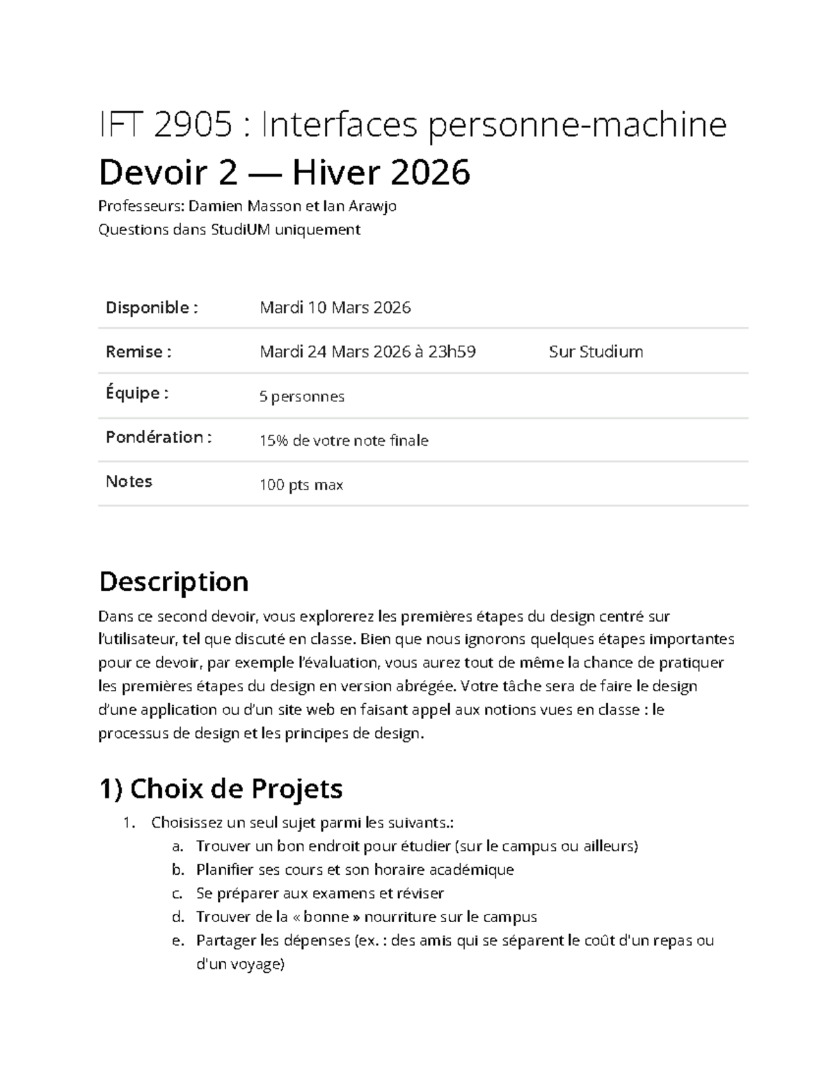 IFT 2905 : Devoir 2 - Design Centré sur l'Utilisateur Hiver 2026 - Studocu
