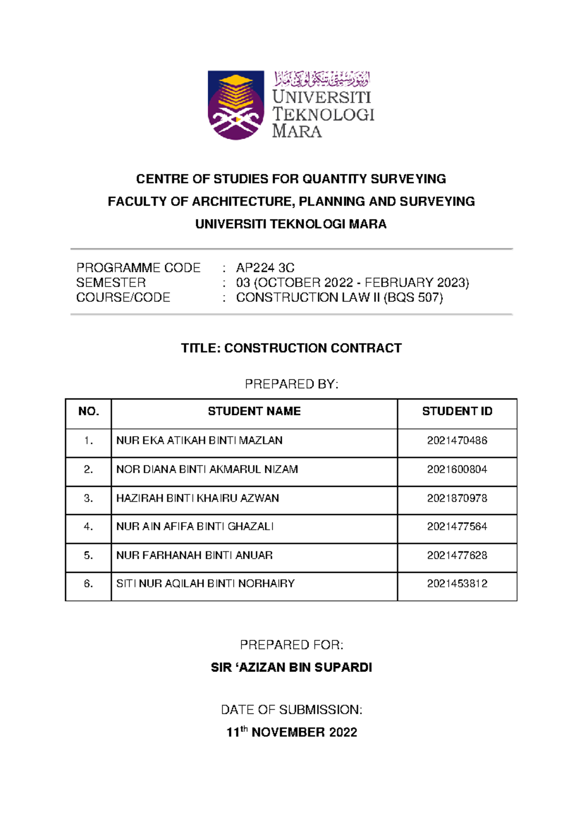 Construction Contract Case Study - BQS 507 Assignment 1 - Studocu