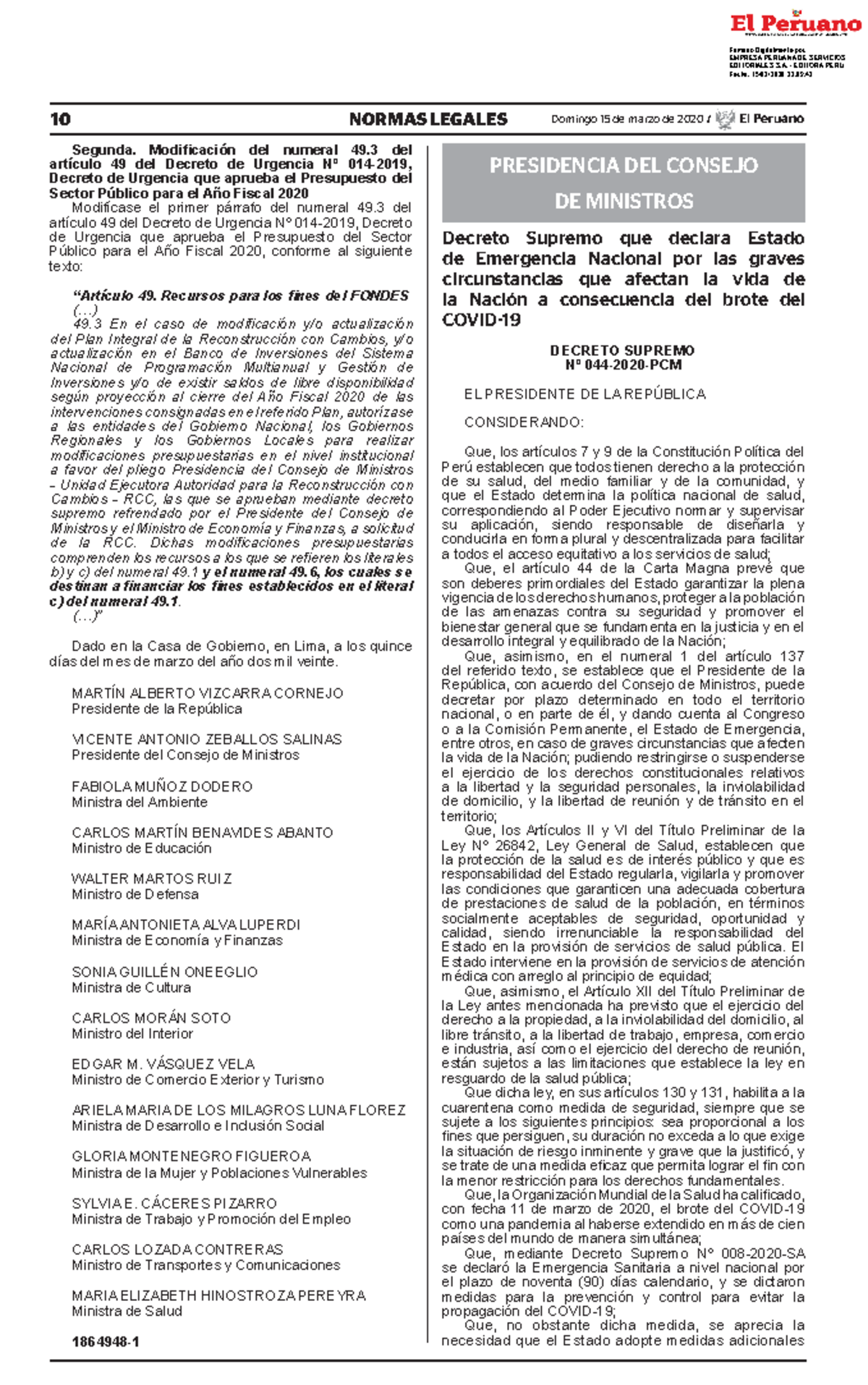 Decreto supremo que declara estado de emergencia nacional po decreto ...