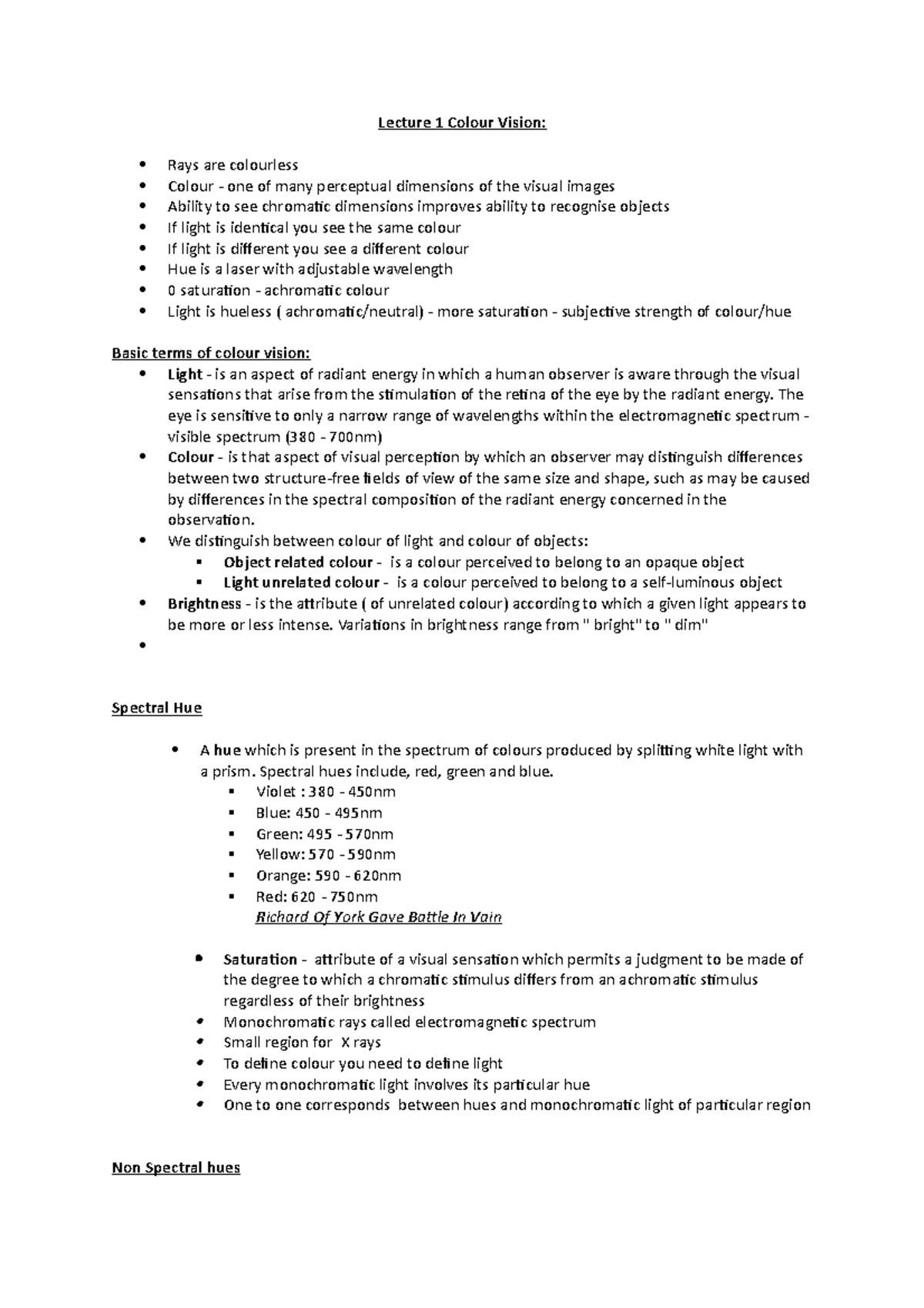 Visual Neuroscience: Colour Vision Lecture Notes (AL) - Studocu