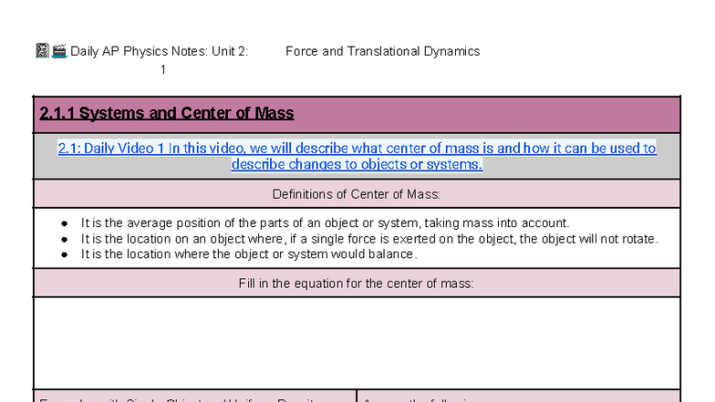 AP Physics Daily Notes: Unit 2 - Force & Translational Dynamics - Studocu