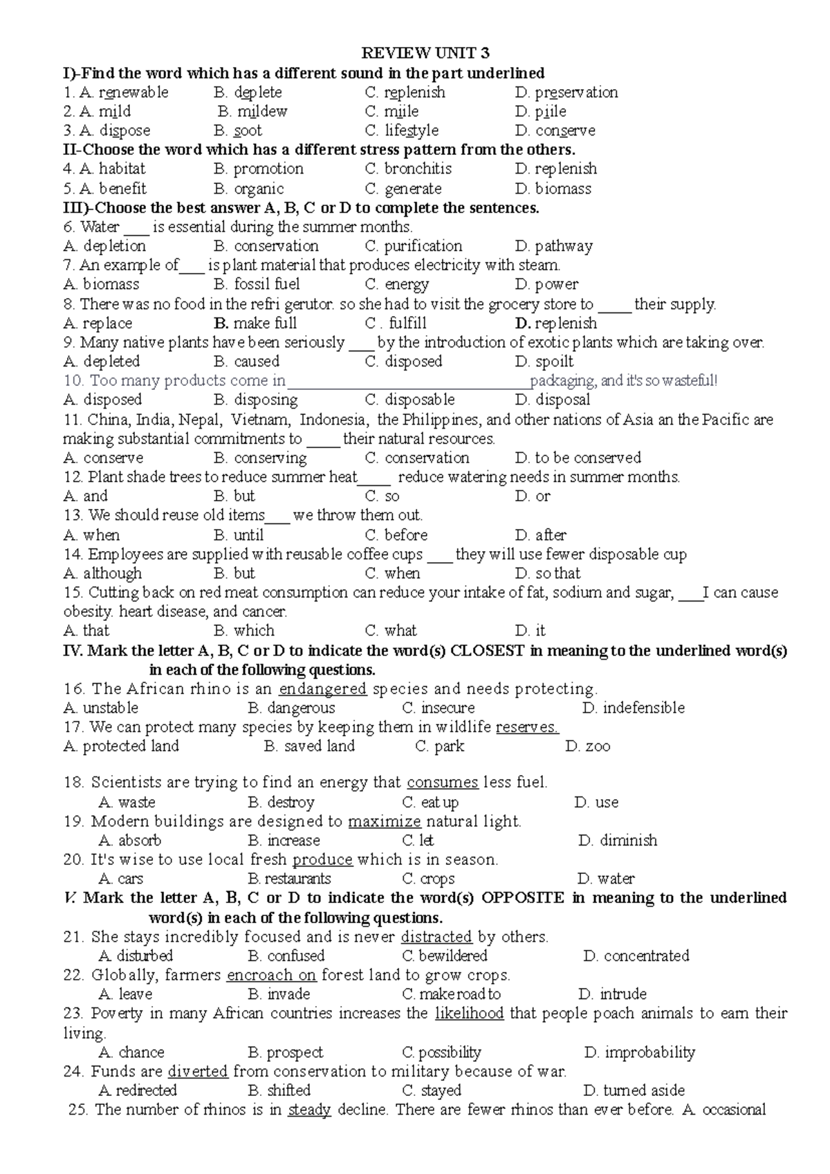 Review Unit 3 - Phonetics, Vocabulary, and Grammar Practice - Studocu