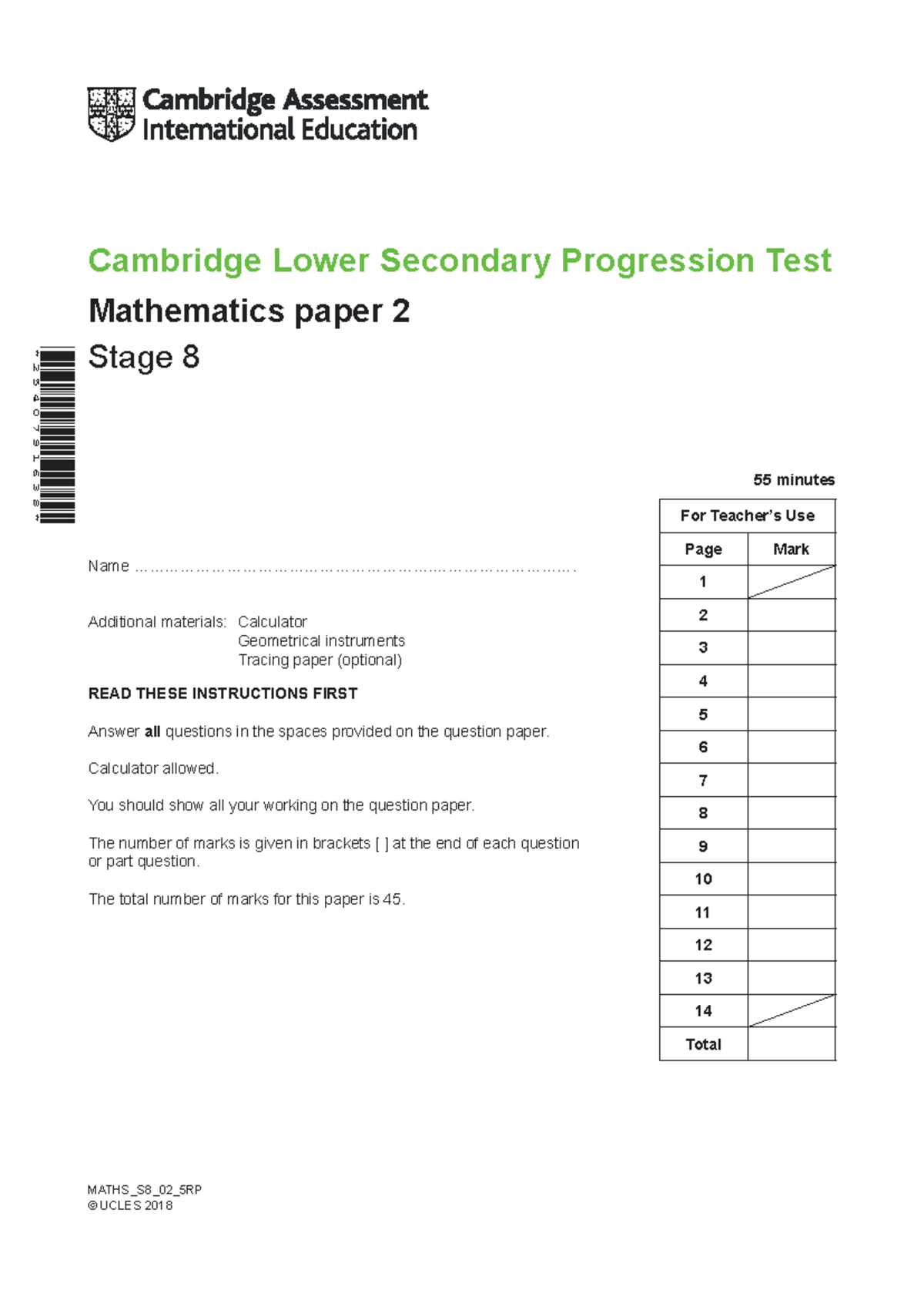 Yr 8 Mathematics Progression Test 2 Paper 2 (2018) - Studocu