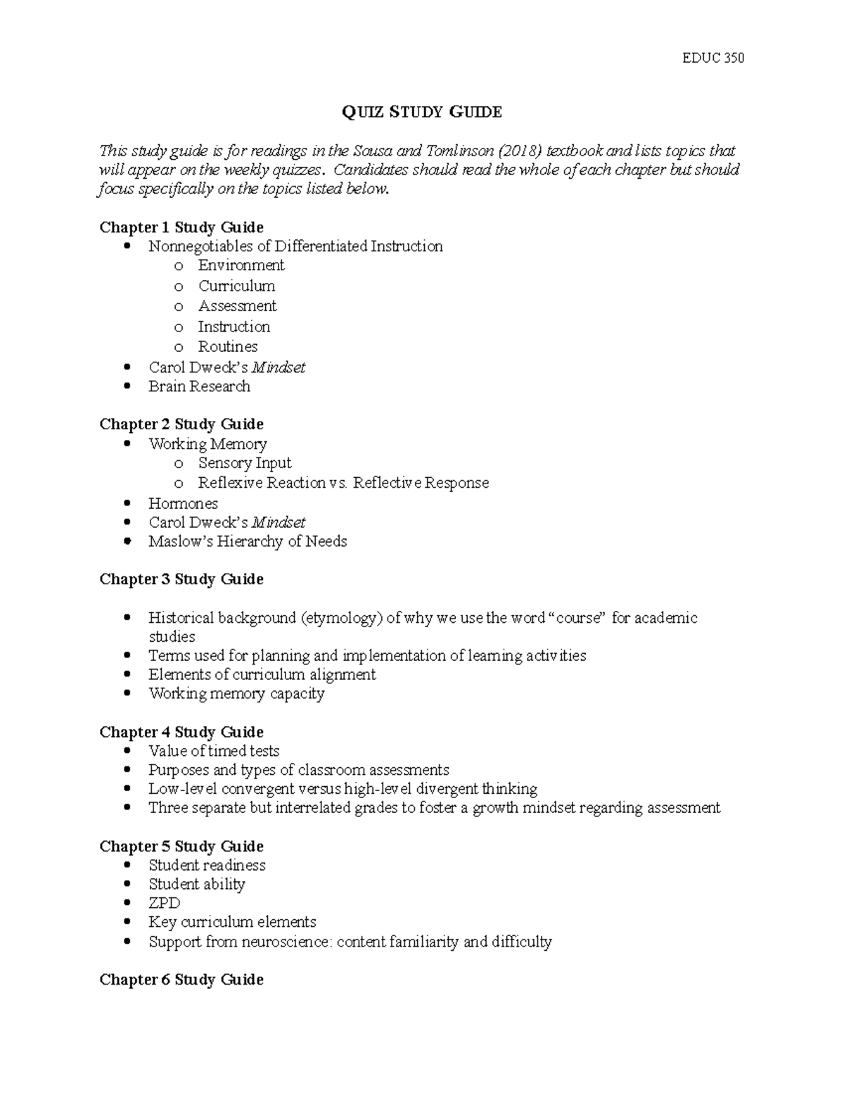 EDUC350 Quiz Study Guide: Key Topics from Sousa & Tomlinson Textbook ...