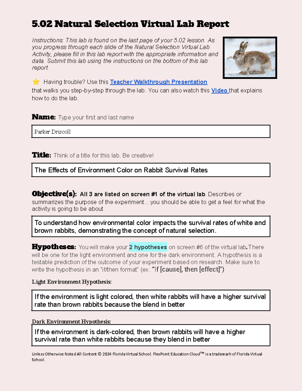5.02 Natural Selection Virtual Lab Report: Rabbit Survival Analysis ...