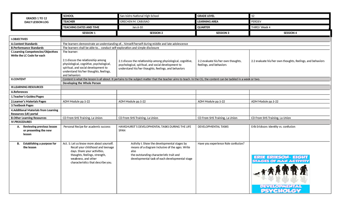 Perdev Week 4 - DLP - GRADES 1 TO 12 DAILY LESSON LOG SCHOOL San Isidro ...