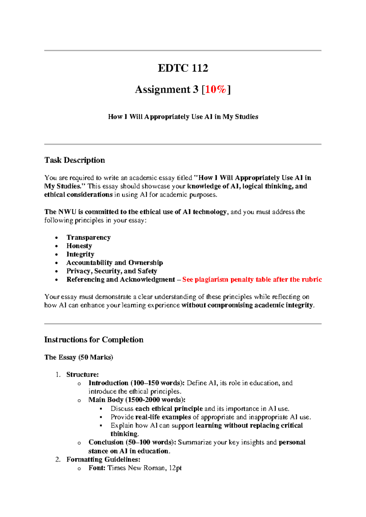 EDTC 112 Assignment 3: Ethical AI Use in Academic Studies Essay - Studocu