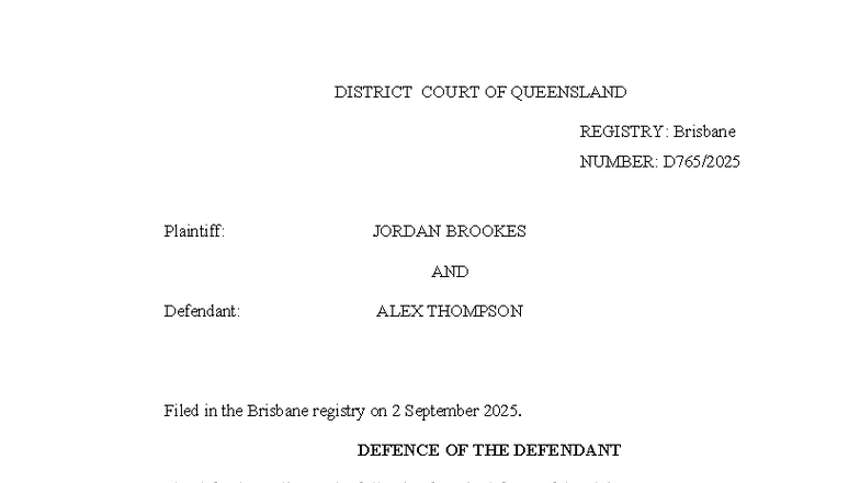 Defence and Counterclaim - Form 18 UCPR: Brookes v. Thompson - Studocu