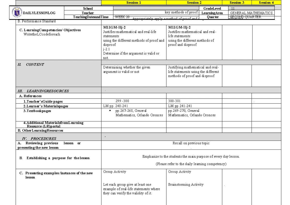 Daily Lesson Log: General Mathematics (Grade 11) - Week 14 - Studocu