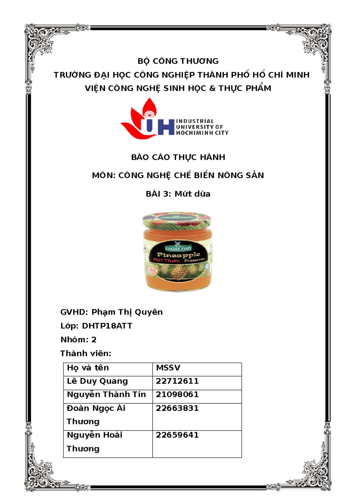 Báo cáo Thực hành Mứt Dứa - Công nghệ Chế biến Nông sản DHTP18ATT - Document Preview