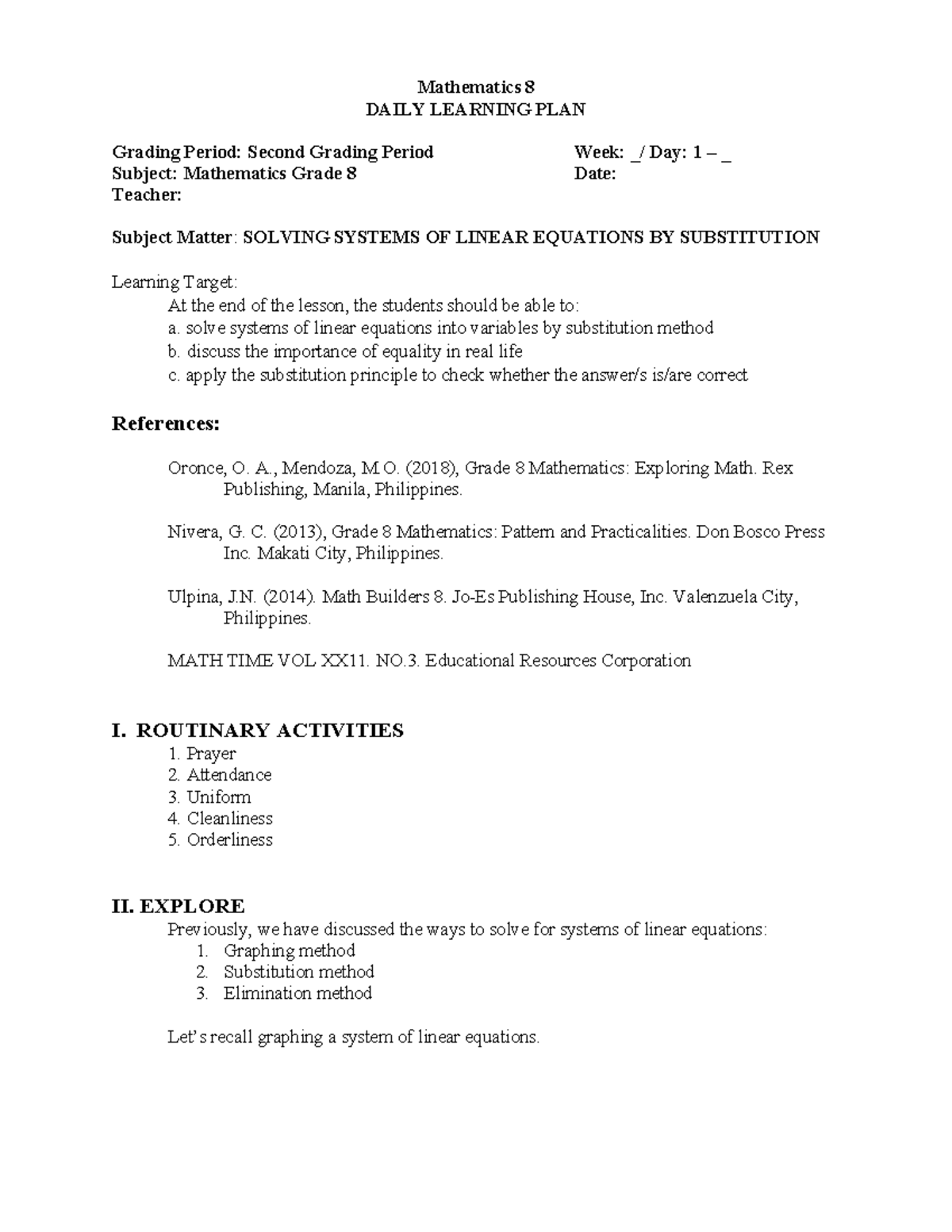 Mathematics 8: Solving Systems of Linear Equations by Substitution ...