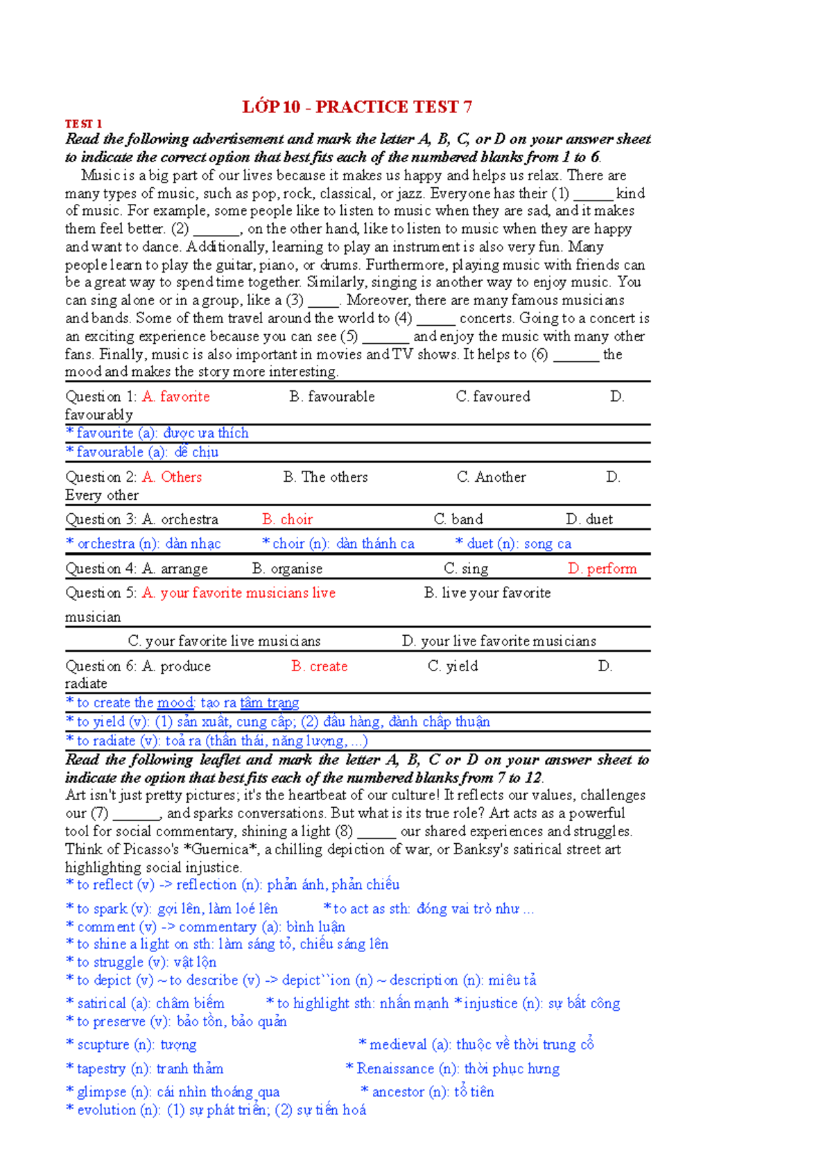 LỚP 10 Practice Test 7 KEY - LỚP 10 - PRACTICE TEST 7 TEST 1 Read the ...