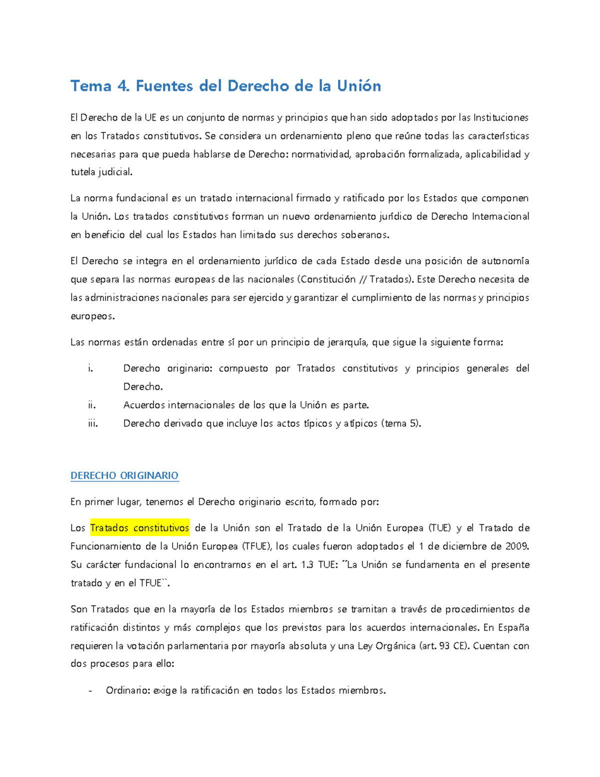 Tema 4: Fuentes del Derecho de la UE y su Jerarquía Normativa - Studocu