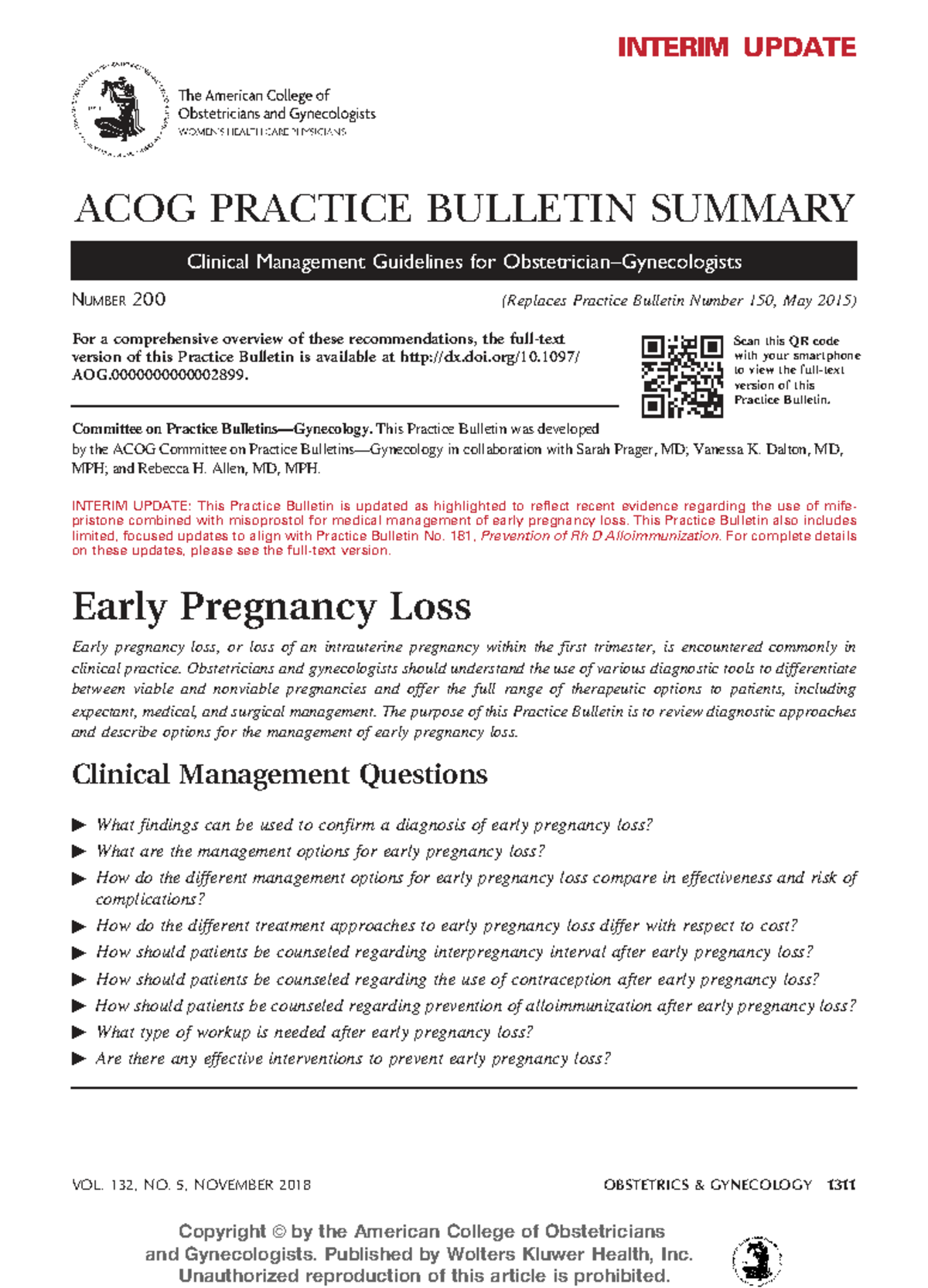 ACOG Practice Bulletin No. 200 Summary: Early Pregnancy Loss Management ...