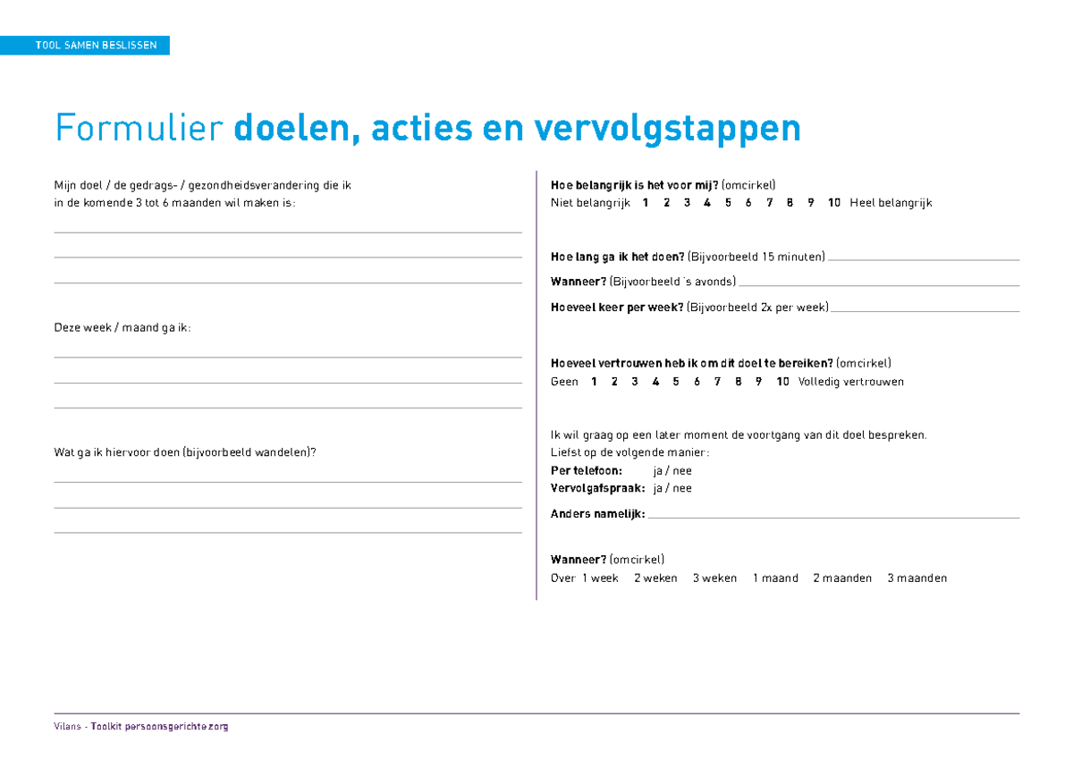 Doelen Formulier voor Zelfmanagement - Vilans Toolkit - Studeersnel