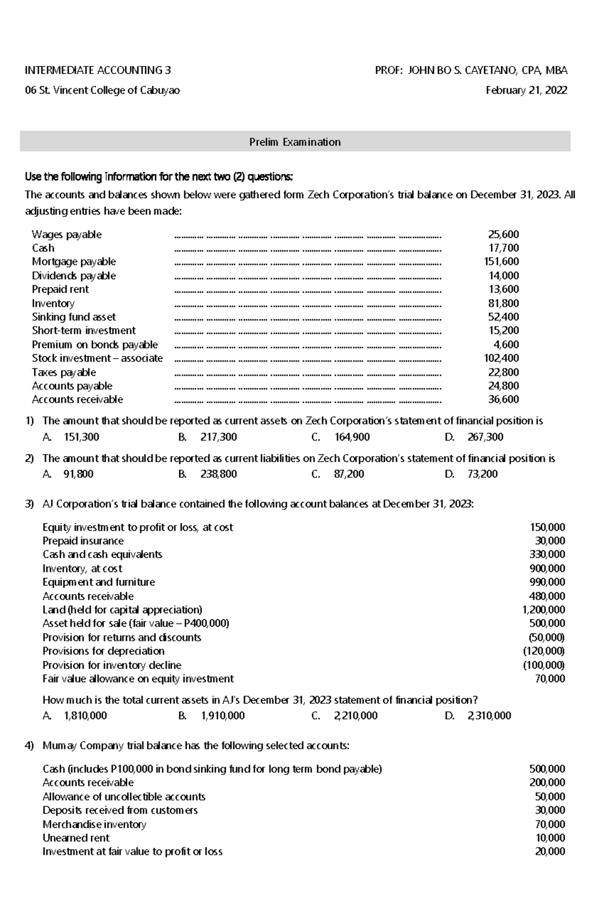 IA3 Final Exam Practice Problems - Multiple Choice Questions - Studocu
