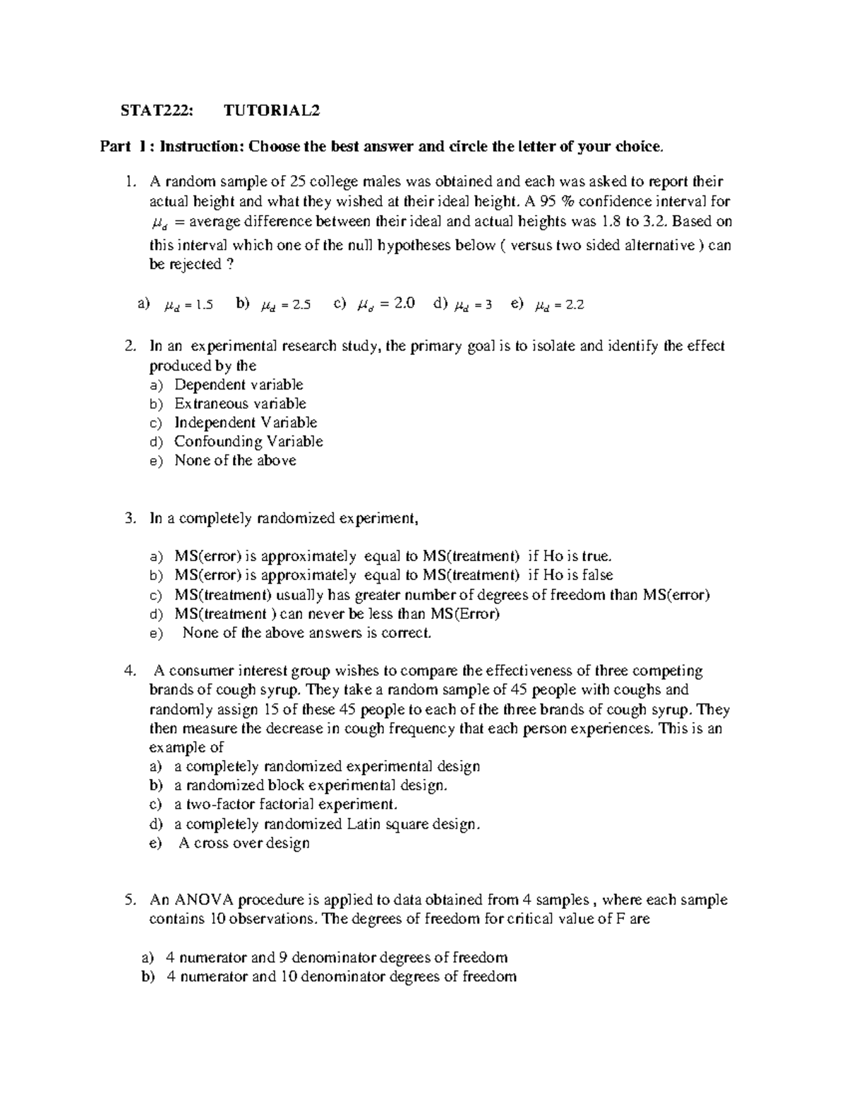 STAT222 Tutorial 2: Experimental Design and ANOVA Practice Questions ...