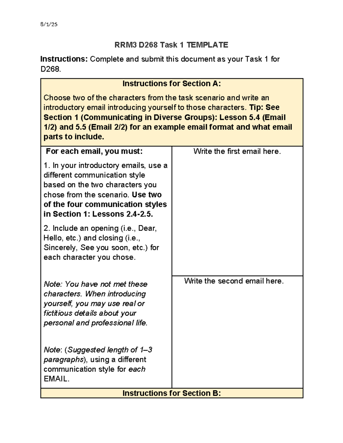 RRM3 D268 Task 1: Introductory Emails & Communication Styles - Studocu