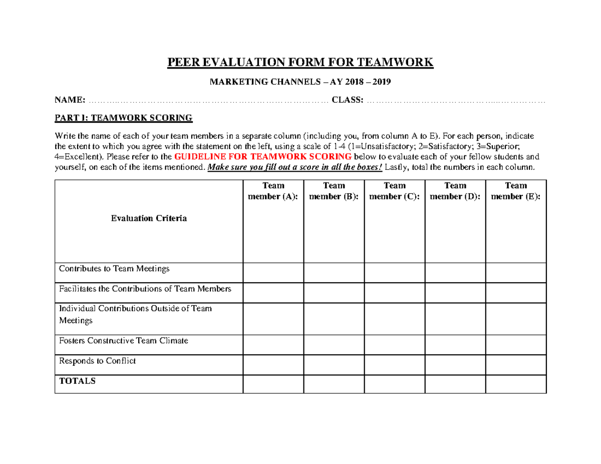 [ENG] Teamwork Peer Evaluation Form – AY 2018-2019 - Studocu