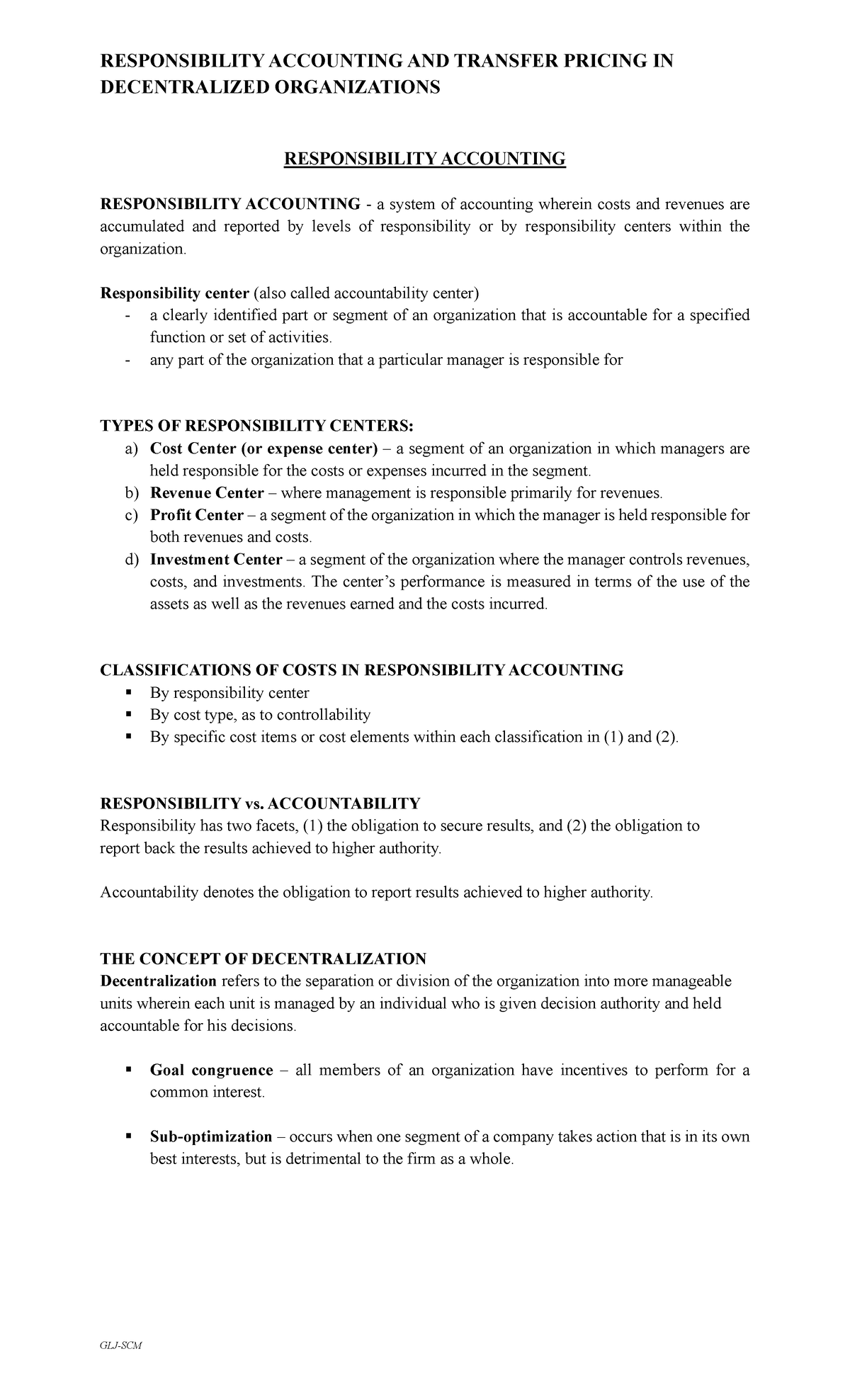 Decentralization: Responsibility Accounting & Transfer Pricing Notes ...
