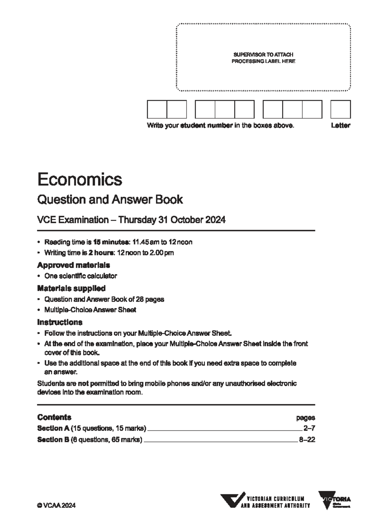 2024 VCE Economics - Final Exam Question & Answer Book - Studocu