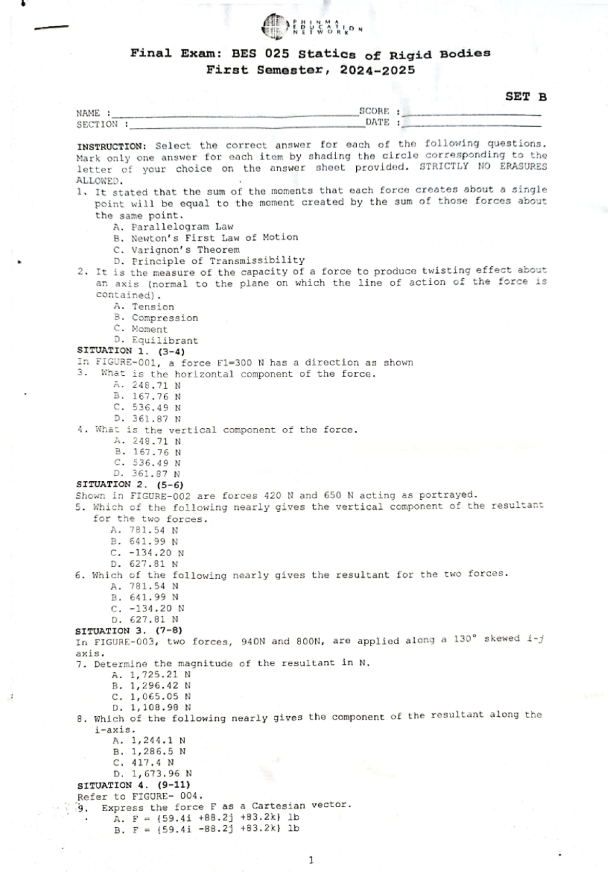 Final Exam: BES 025 Statics of Rigid Bodies - First Semester Questions ...