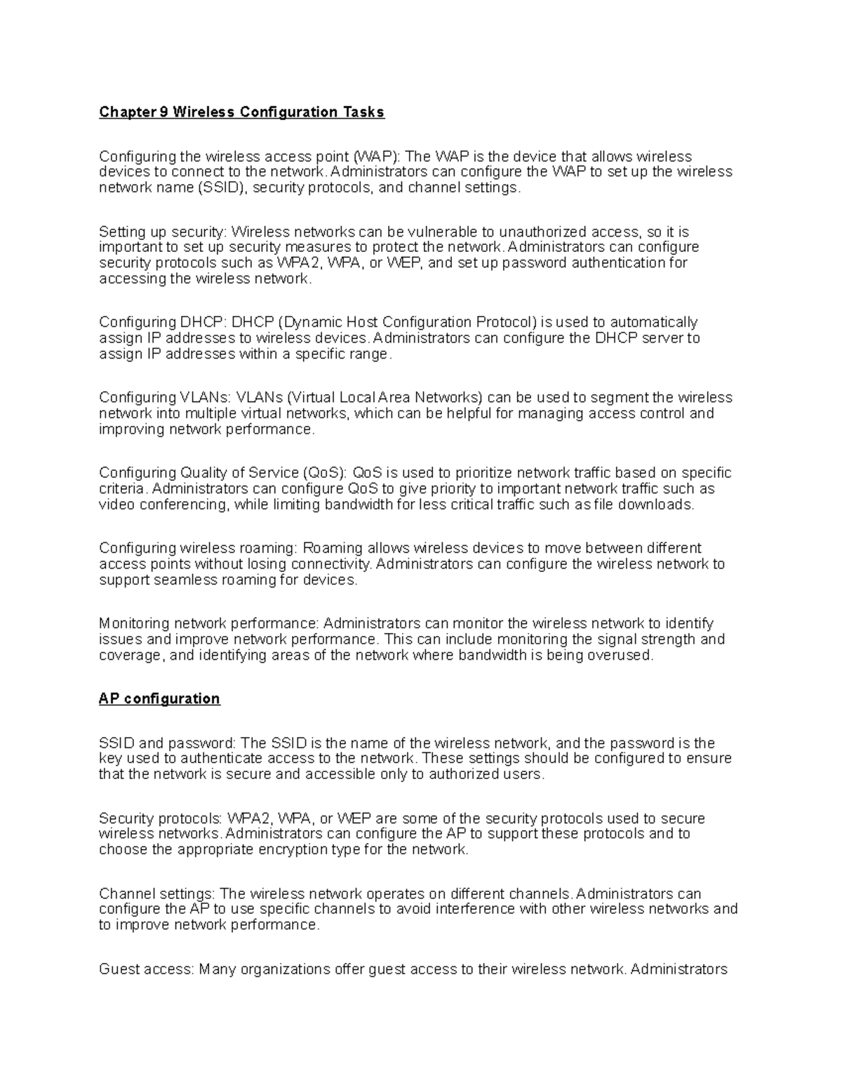 Chapter 9 Wireless Configuration Tasks - Administrators can configure ...