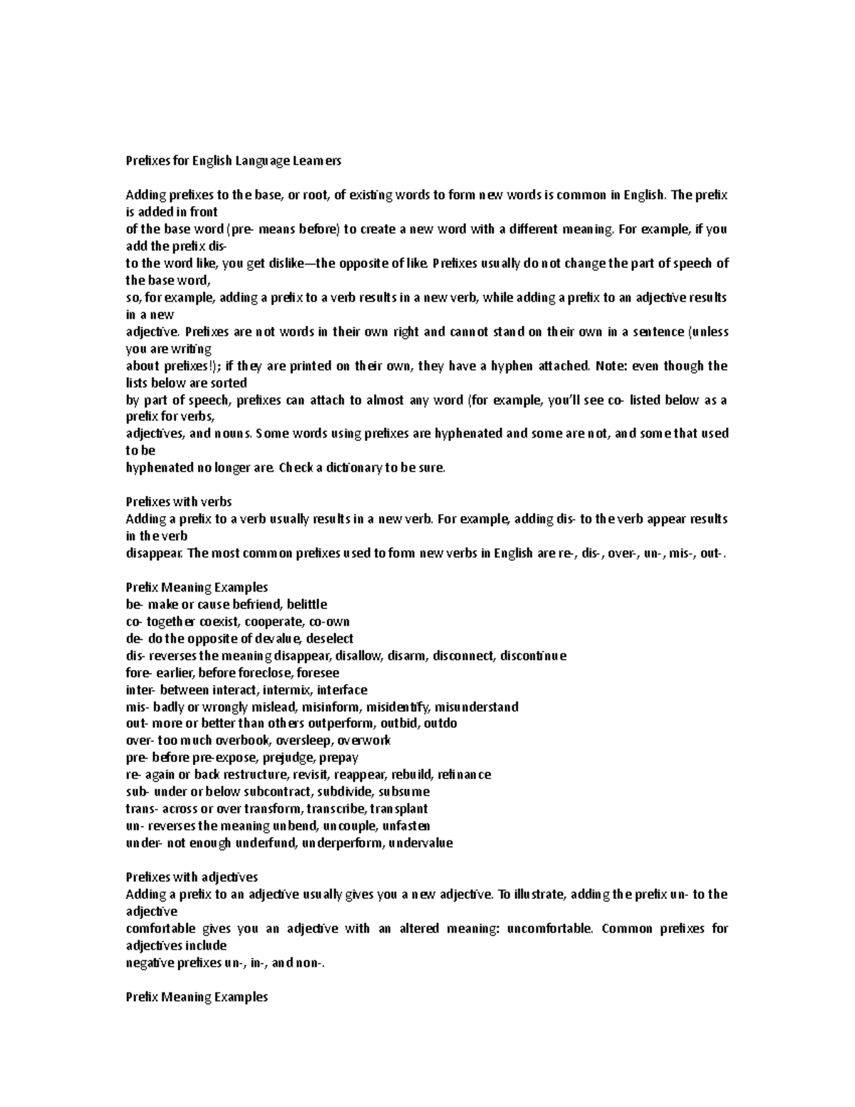 English Prefixes Guide for Language Learners (EL101) - Studocu