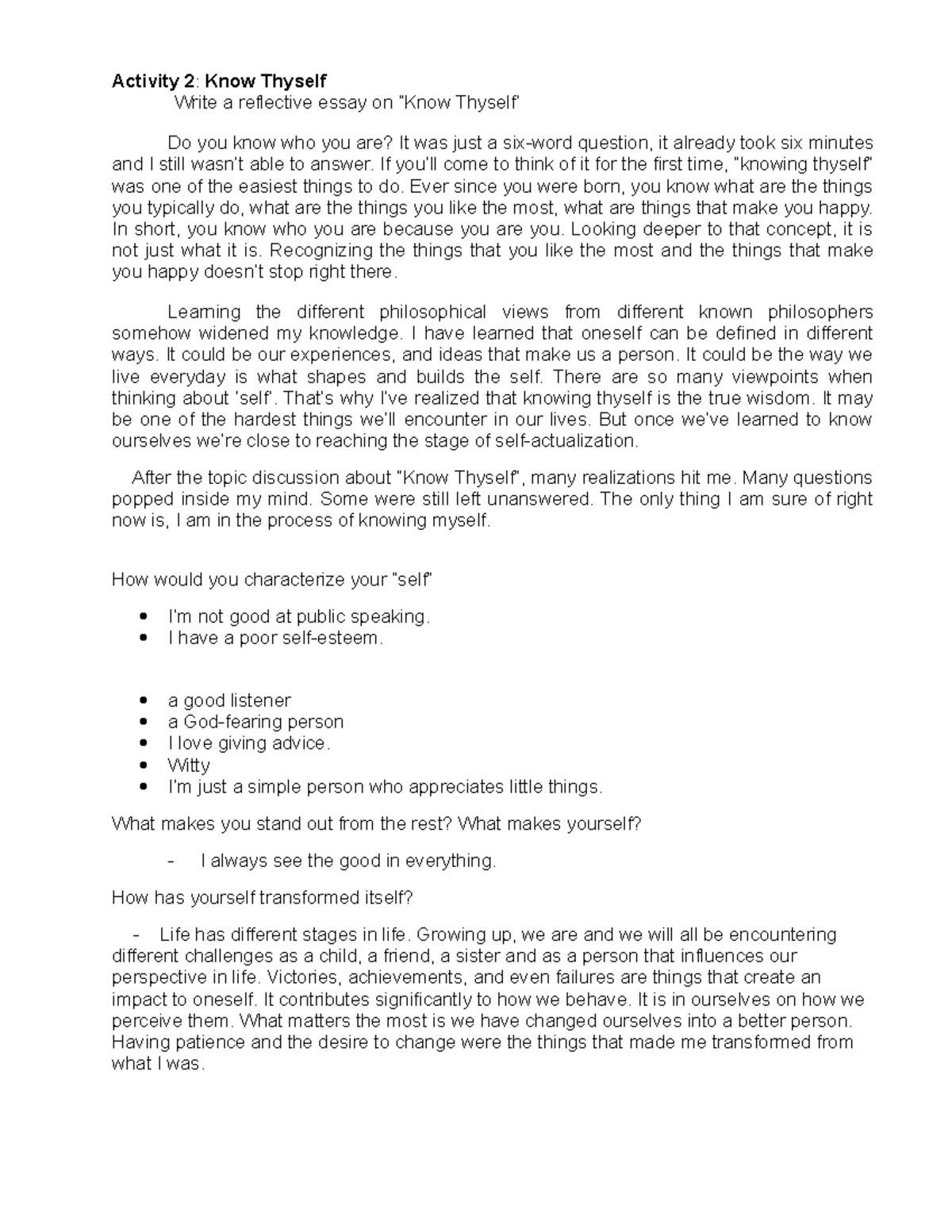 Activity 2 Know Thyself - Activity 2 : Know Thyself Write a reflective ...