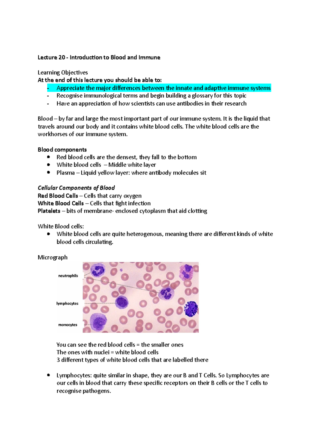 B Iosci 107 Blood and Immune Lecture Notes - Lecture 20 - Introduction ...