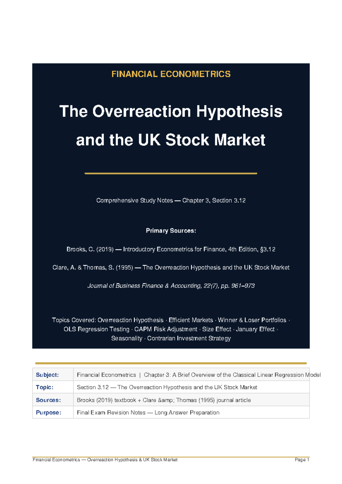 FINANCIAL ECONOMETRICS: Overreaction Hypothesis Study Notes (Chapter 3 ...