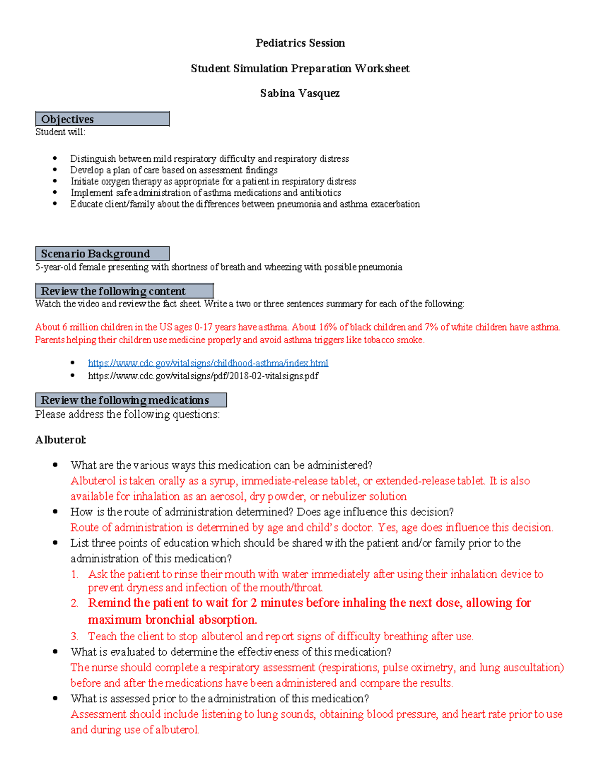Pediatrics Session Prep Worksheet: Asthma & Pneumonia Care - Sabina ...