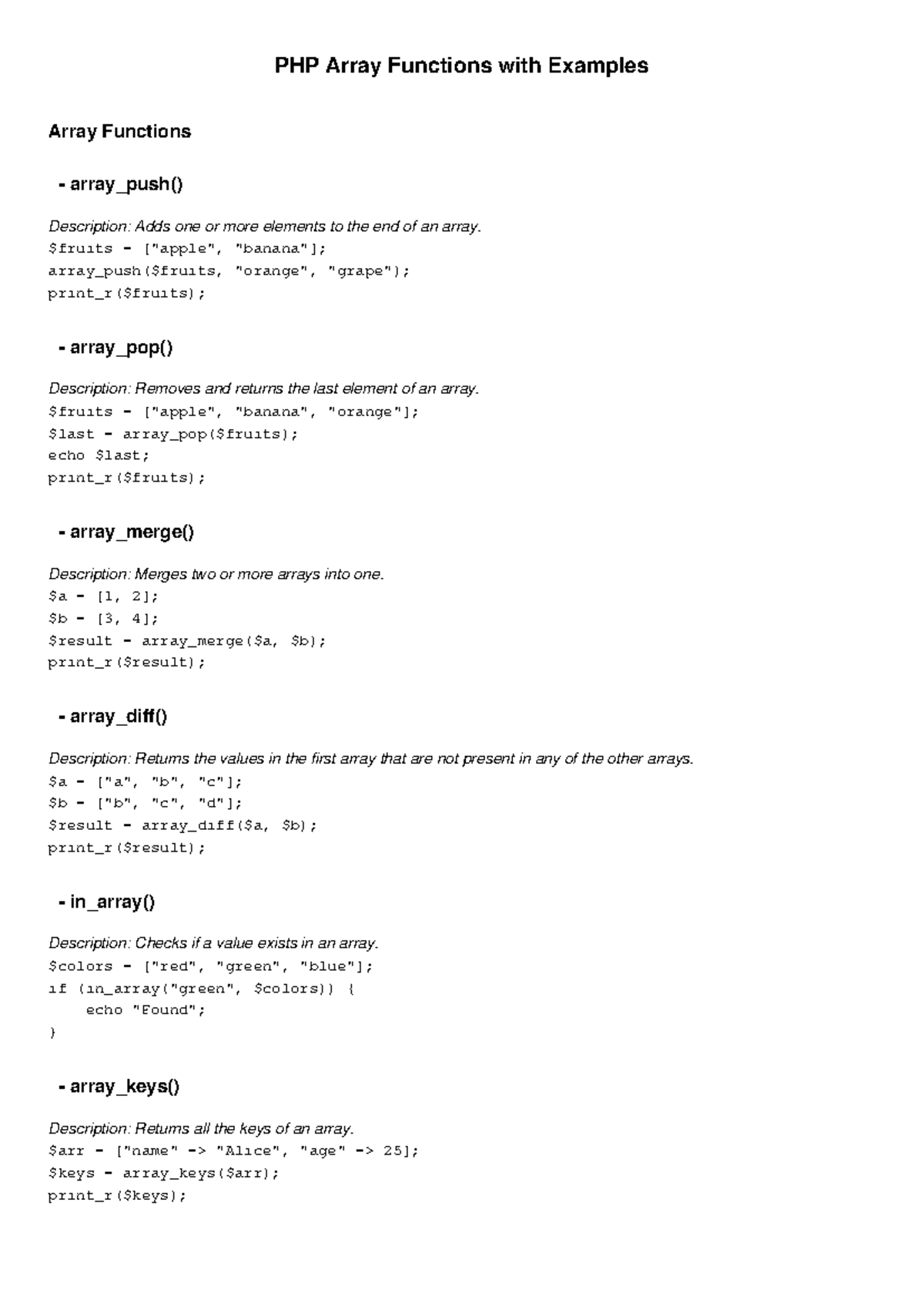 PHP Array Functions (CS101) with Detailed Explanations and Examples ...