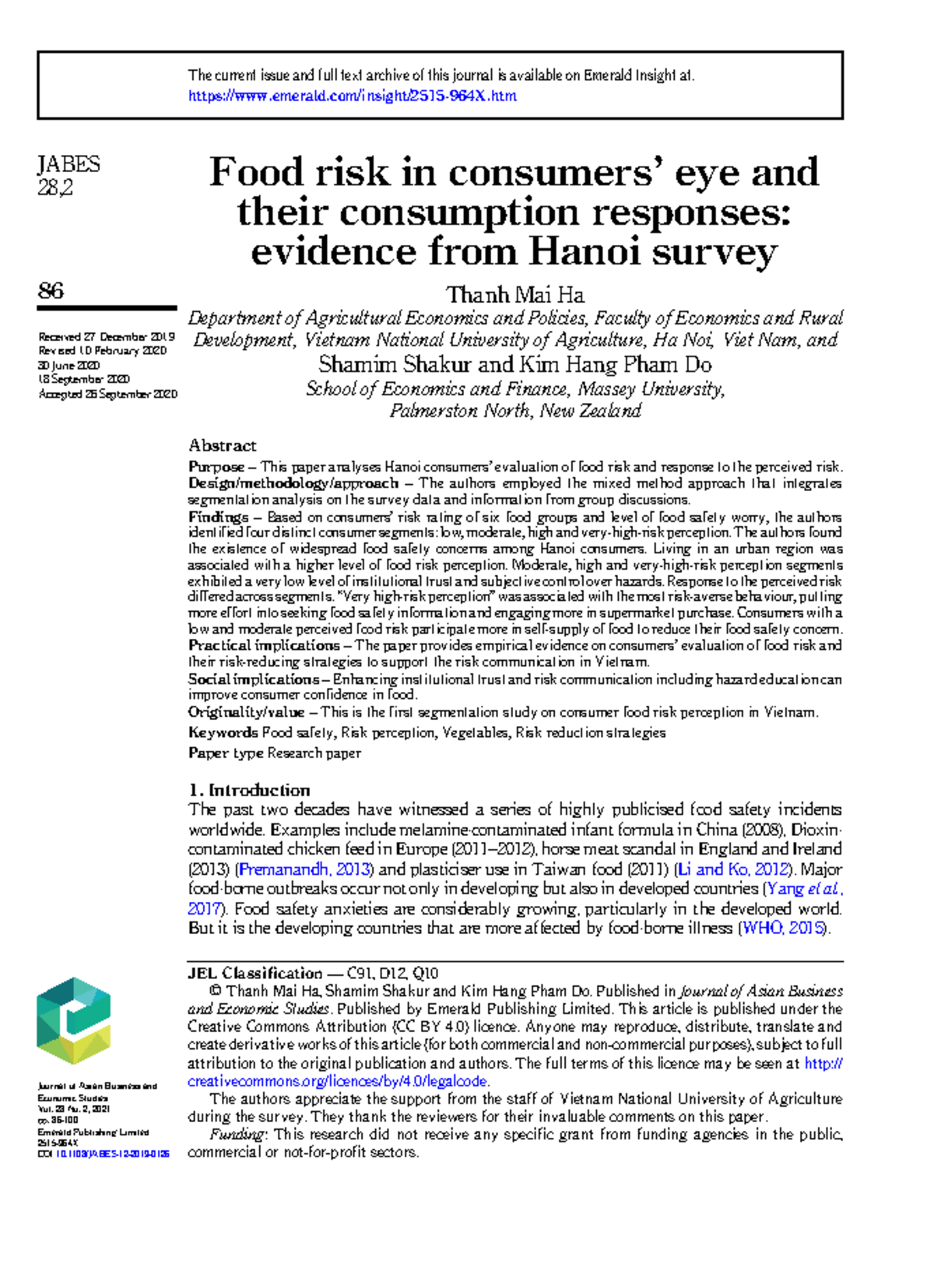 JABES 28,2 Food Risk Perception and Consumer Responses: Insights from ...
