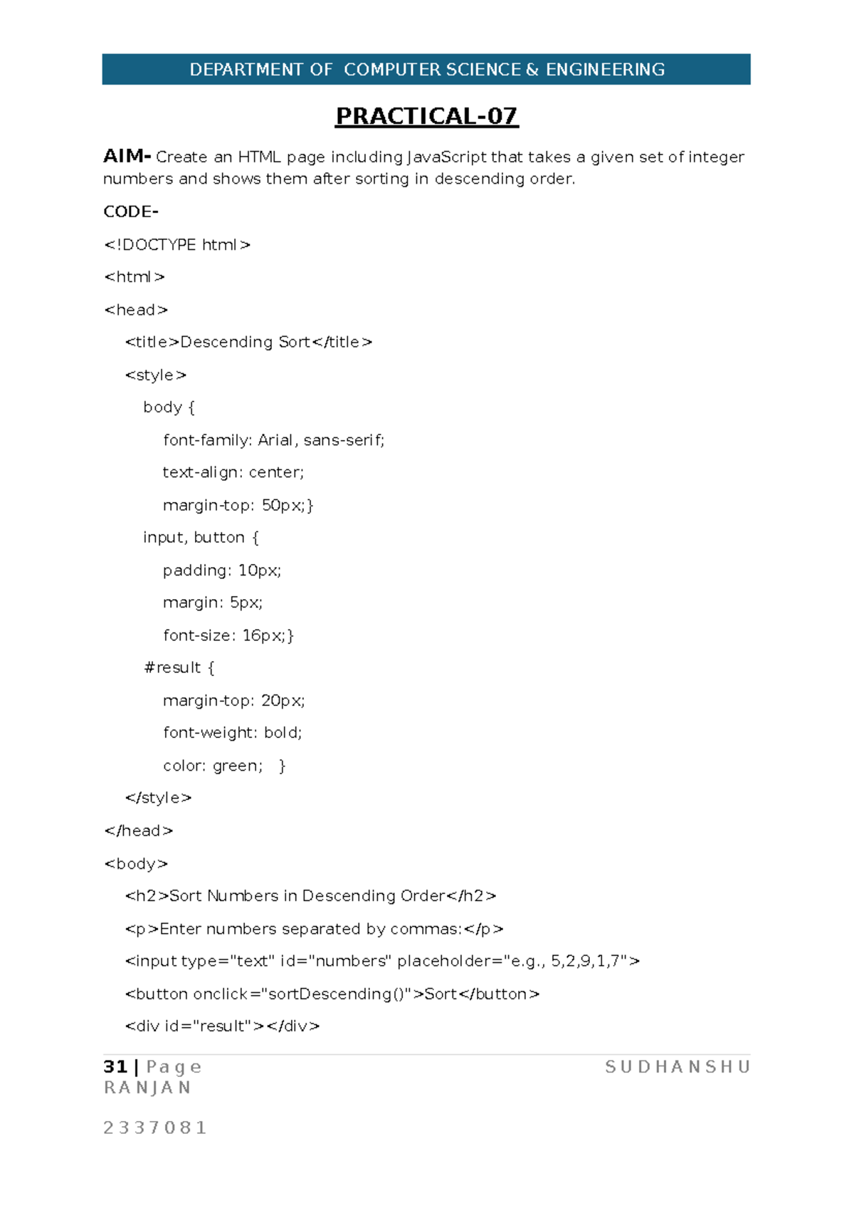 CSE Lab WT: HTML & PHP Sorting and Variable Handling - Studocu