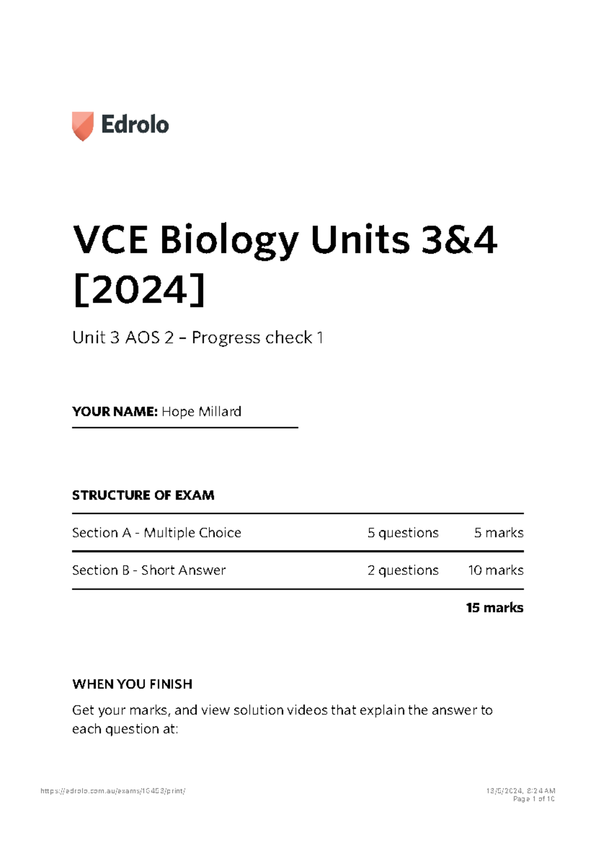Edrolo - Unit 3 AOS 2 - Biology Progress Check 1 (VCE 2024) - Studocu
