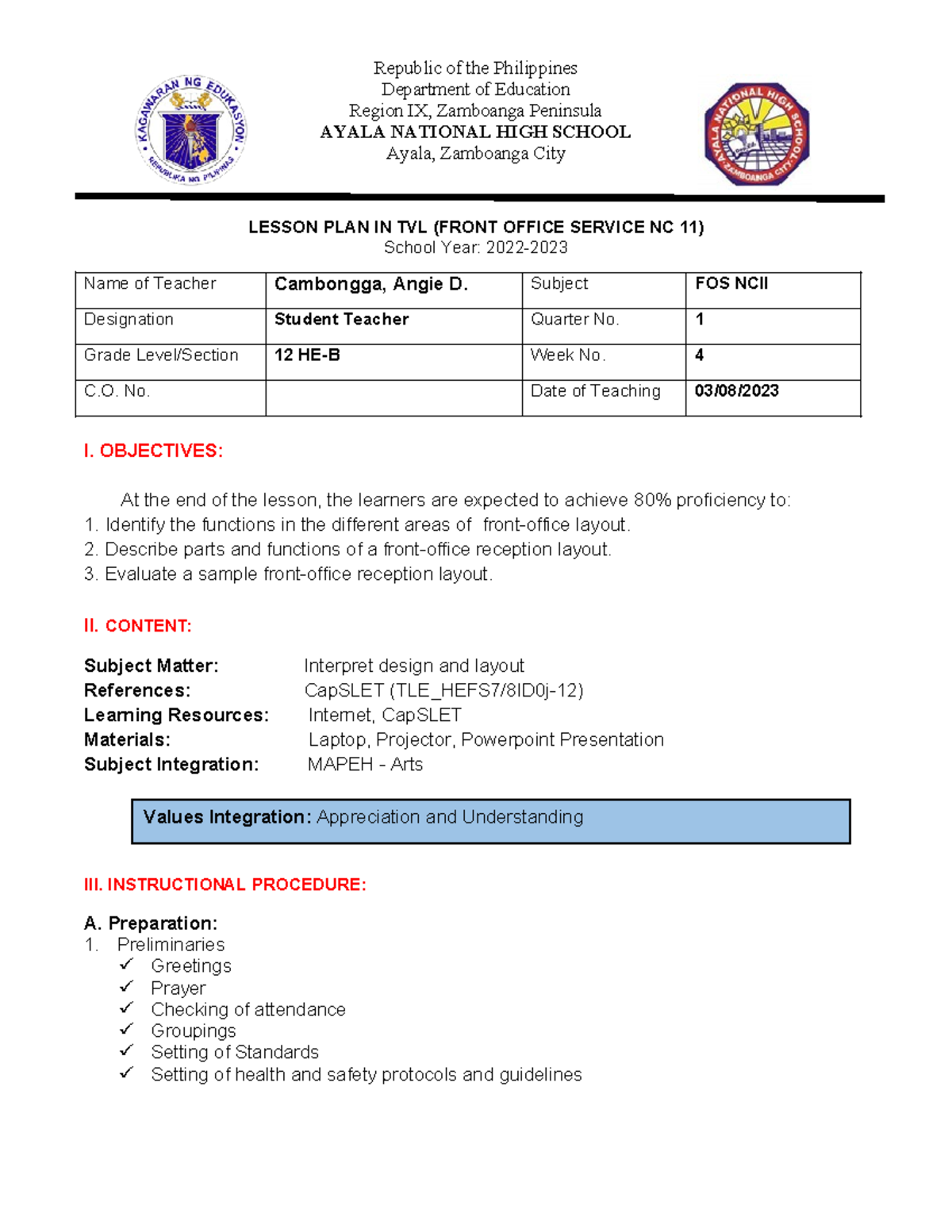 Grade 12 TVL FOS NCII Lesson Plan for Week 4 - Studocu