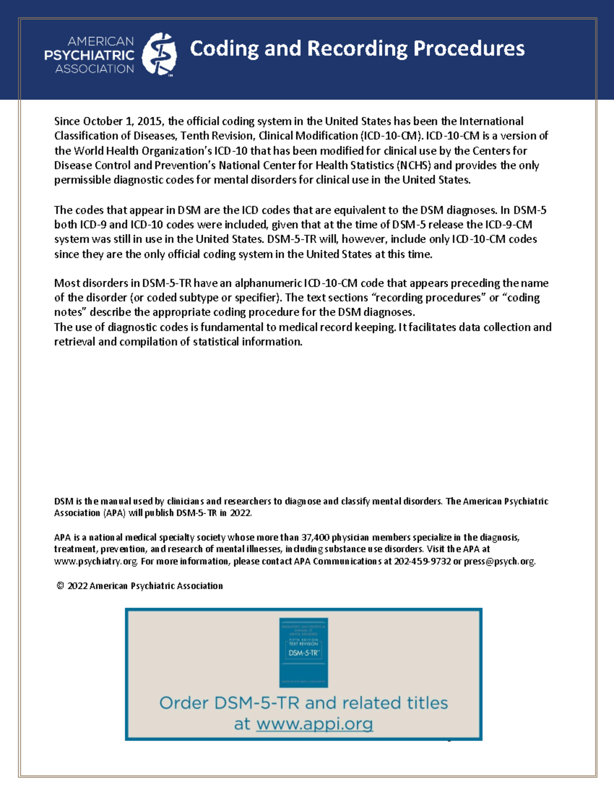 APA-DSM5TR-Coding - APA-DSM5TR-Coding - Coding and Recording Procedures ...