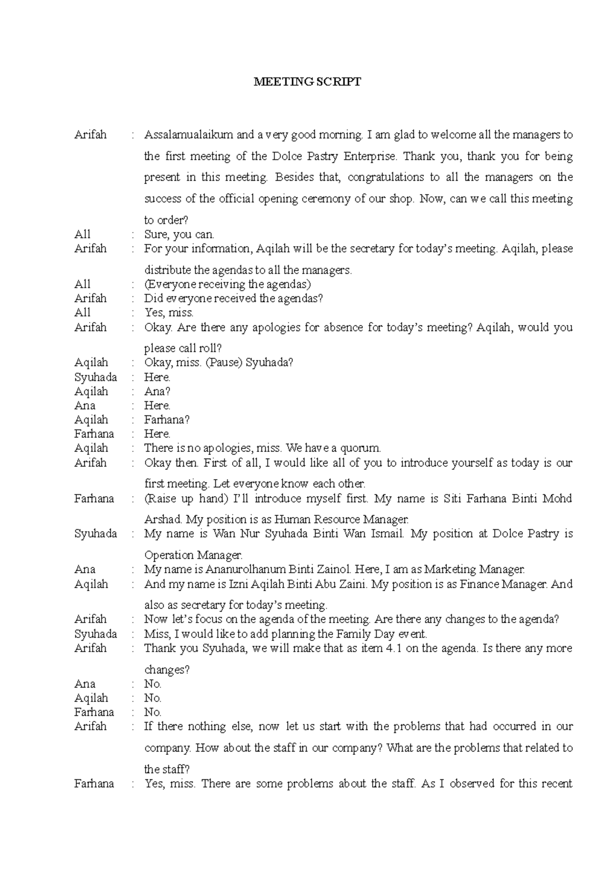 229152784-Meeting-Script - MEETING SCRIPT Arifah : Assalamualaikum and ...