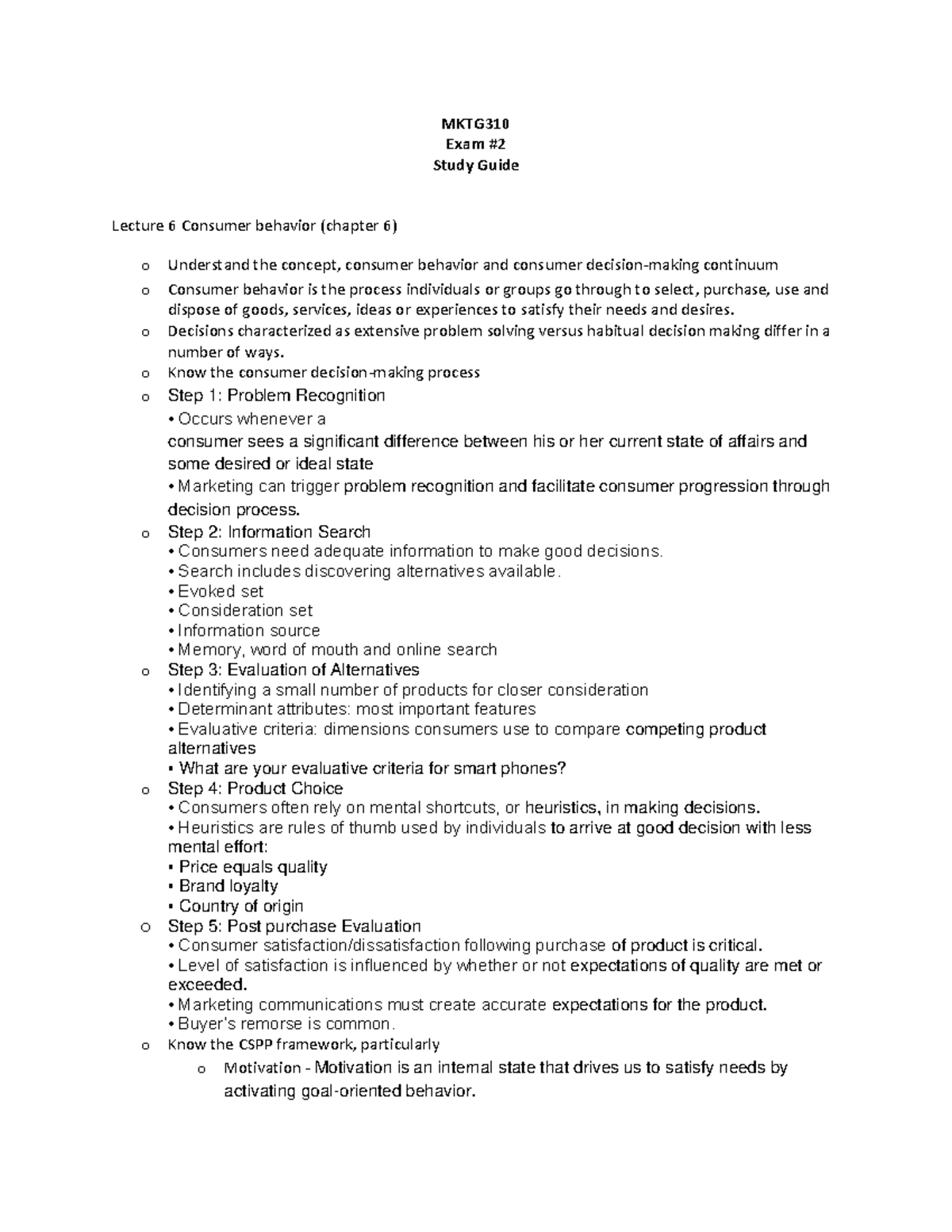 MKTG310 Exam #2 Study Guide: Consumer Behavior & STP Analysis - MKTG ...