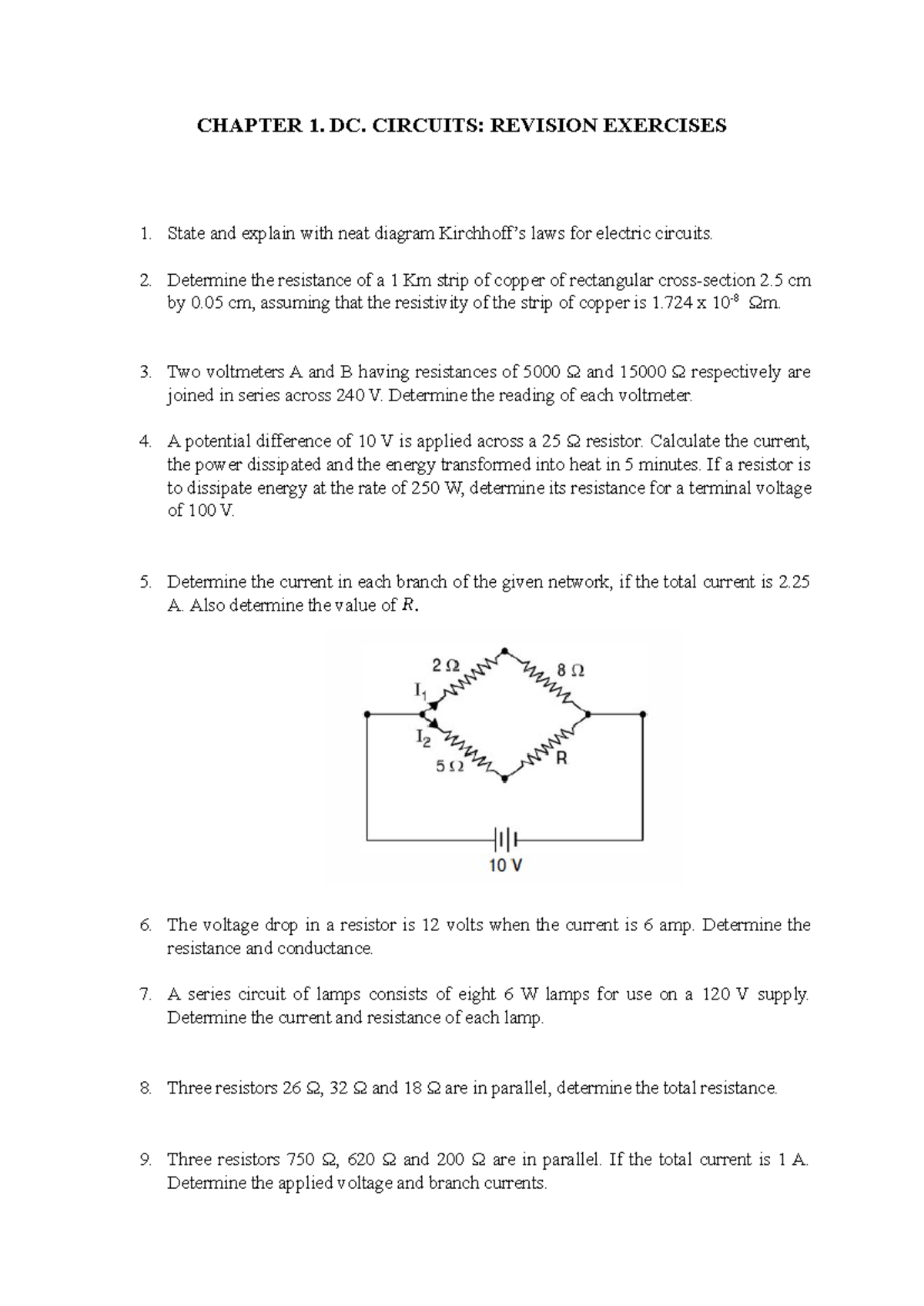 Chapter 1 DC Circuits Revision Exercises for Electrical Engineering ...