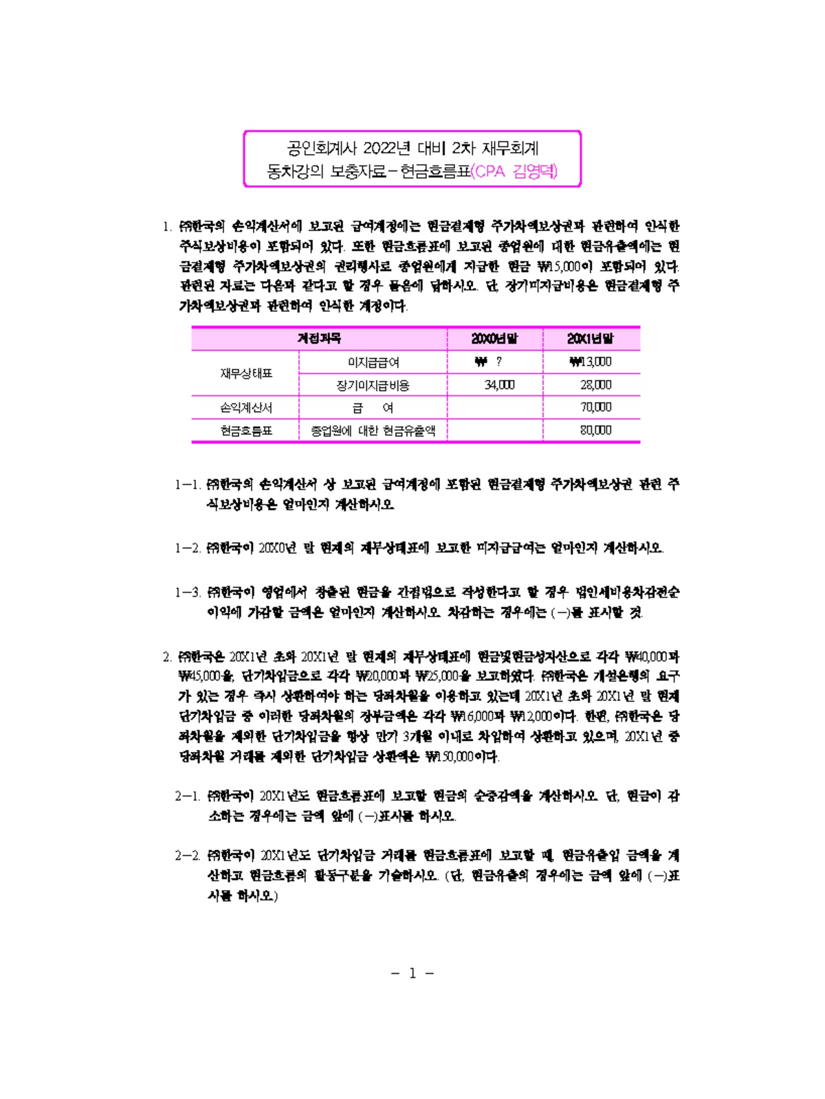 김영덕 CPA 재무회계 현금흐름표 실습 자료 - Studocu