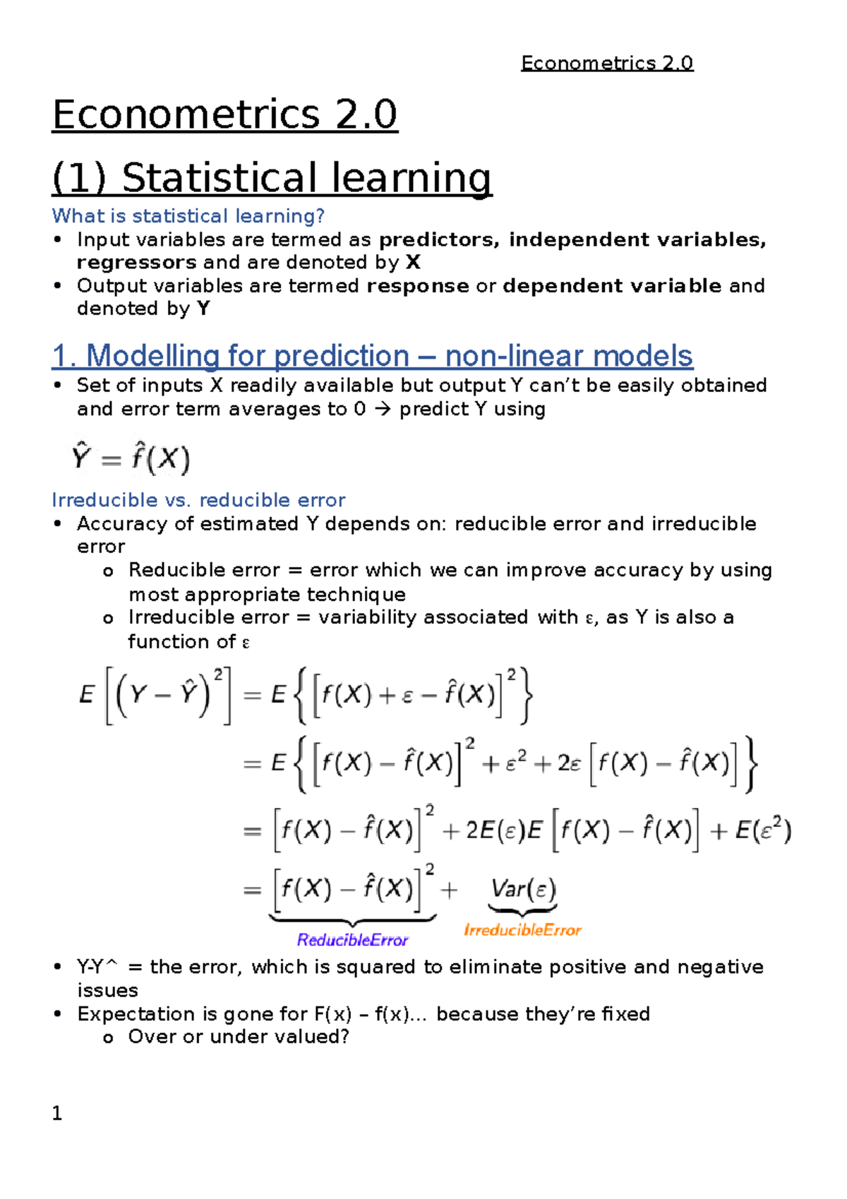 Econometrics Notes 2: Statistical Learning and Model Inference - Studocu
